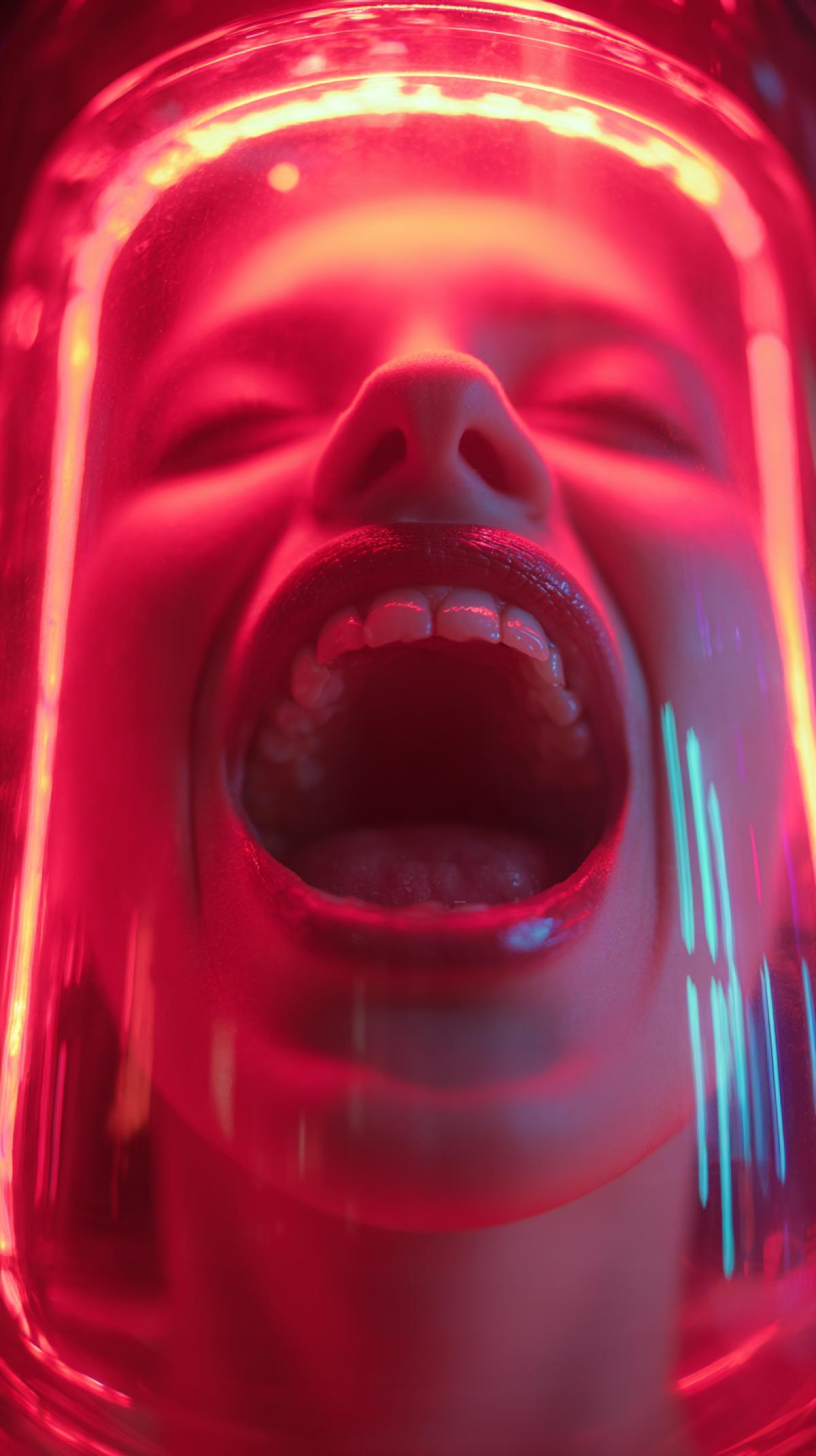 Generate a capsule in which the soul breaks and rushes, she has a tantrum, she screams, she is scared, in the appearance of a person, a closeup, an open mouth with her teeth and tongue. Round capsule, like aquarium, glass and neon light