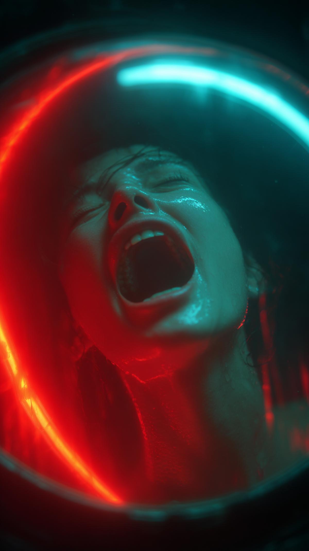 Generate the capsule in which the soul breaks and rushes, she has a hysteria, she screams, she is scared, in the appearance of a person, closeup. Round capsule, like aquarium, glass and neon light