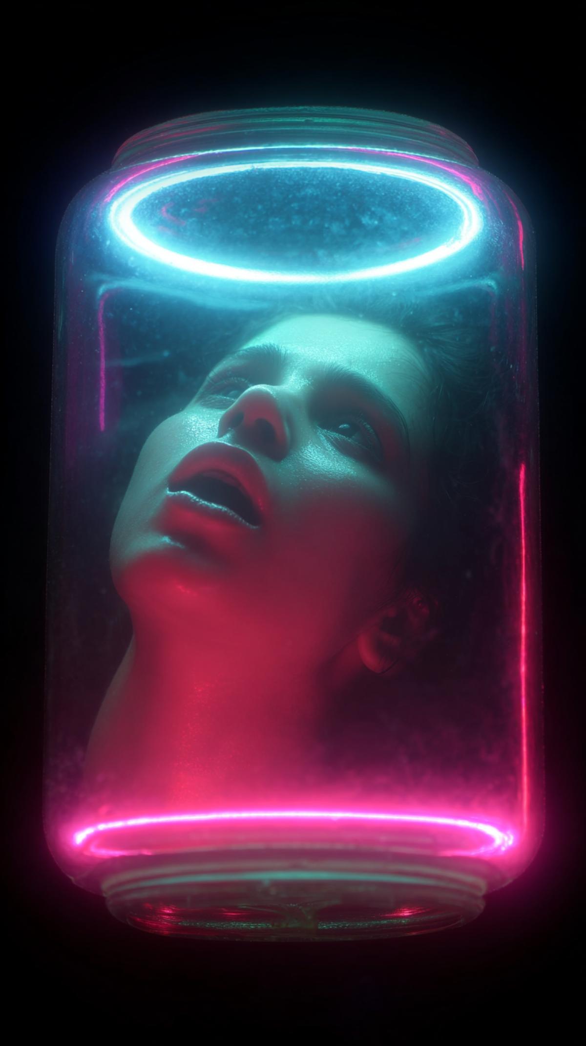 Generate the capsule in which the soul breaks and rushes, she has a hysteria, she screams, she is scared, in the appearance of a person, closeup. Round capsule, like aquarium, glass and neon light
