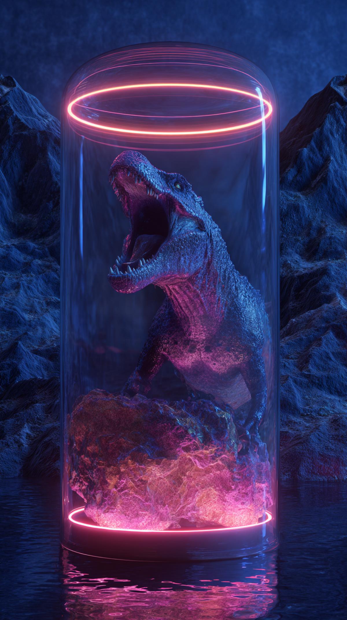 Generate the capsule in which the soul breaks and rushes, she has a tantrum, she screams, she is scared, in the appearance of a dinosaur, a closeup, he is a sad and very lonely, the background of the forest massif. Round capsule, like aquarium, glass and neon light