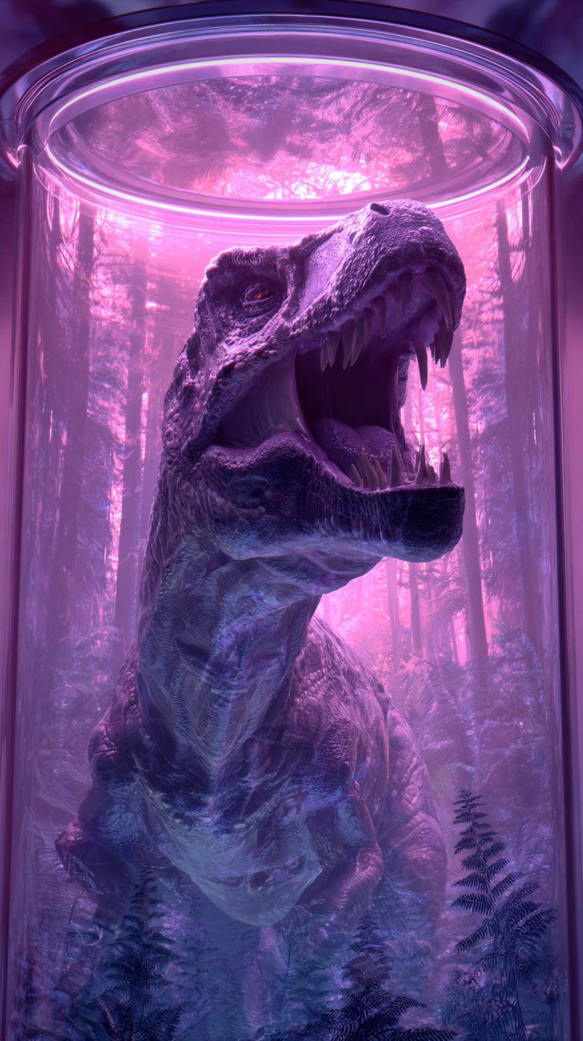 Generate the capsule in which the soul breaks and rushes, she has a tantrum, she screams, she is scared, in the appearance of a dinosaur, a closeup, he is a sad and very lonely, the background of the forest massif. Round capsule, like aquarium, glass and neon light