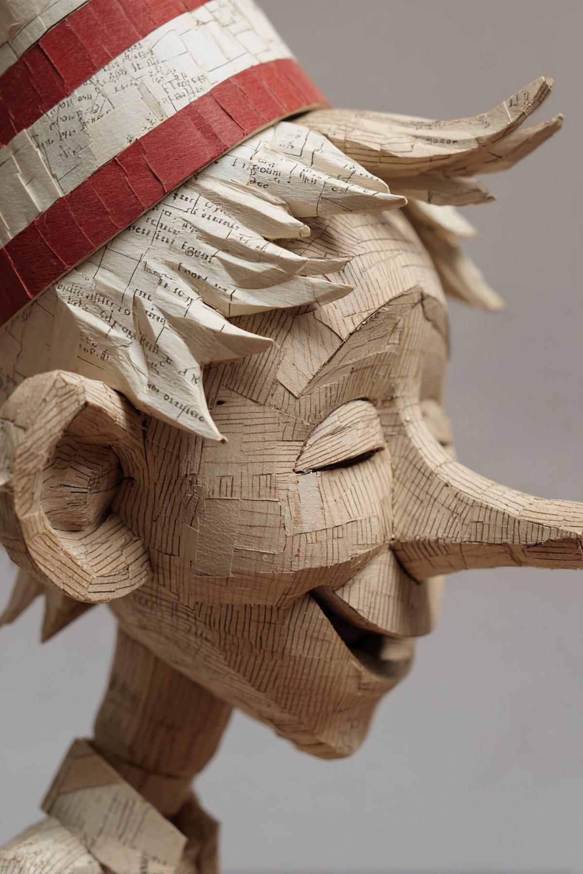 The face in the profile of a carefully detailed wooden doll of a five-year-old playful boy with a very long pointed nose laughs hair from wood chips on his head a paper cap in a red-white strip