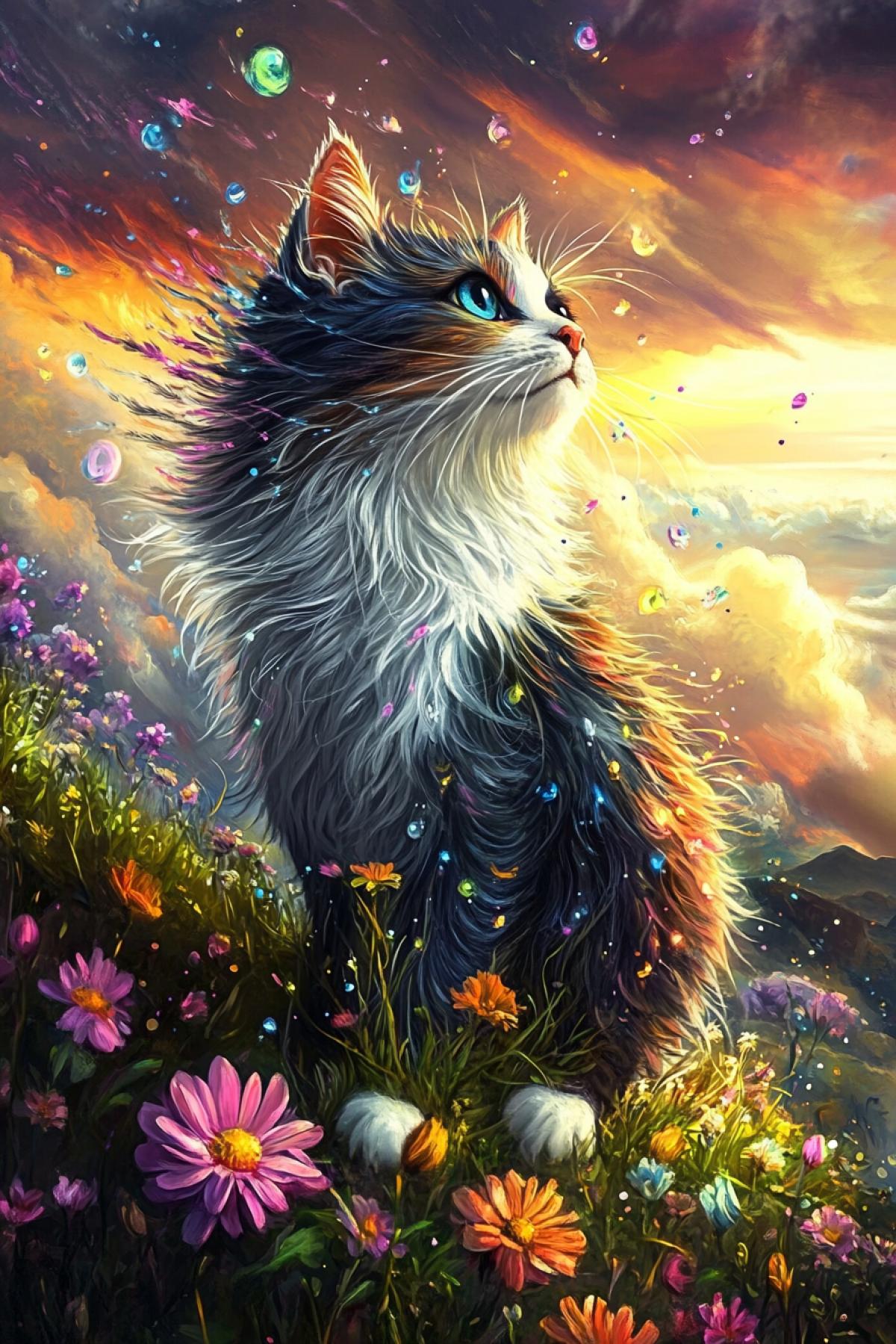 anime, rocks of the planet Pandora, islands hanging in the air with a magical forest, rain, wind, style. Endre Penovac. blur, dawn, tornado, field of purple with pink gerberas,. sfumato, minimalism, light grunge. An elegant, charming motley cat. From the tail of the fluffy one, long hair and curls are built high up, from the tail of the meow, multi-colored long fluffy curls burst out in a whirlwind in the sky, large blue shiny grizzly eyes.. pointillism, fur, paper, wax pencils, veil, movement, wind, abstraction, volumetric barrel. Sketch with a palette knife in oil on rough paper
