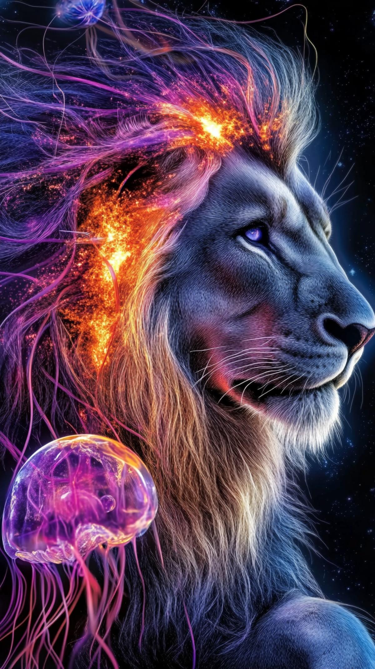 Double exposure, lion half emerging from crystal wall, transparent fire + fire flash in background, purple mane, silver hair, sitting jellyfish made of threads + petals + Pandora planet particles + marble + neurons flying away, small threads, dark background Milky Way, colorful, sharp detail + fine detail rendering + hyper detail, HDR, 32k, 30mm lens, 1/250 sec, f/2.8, ISO 100, hyperrealistic.