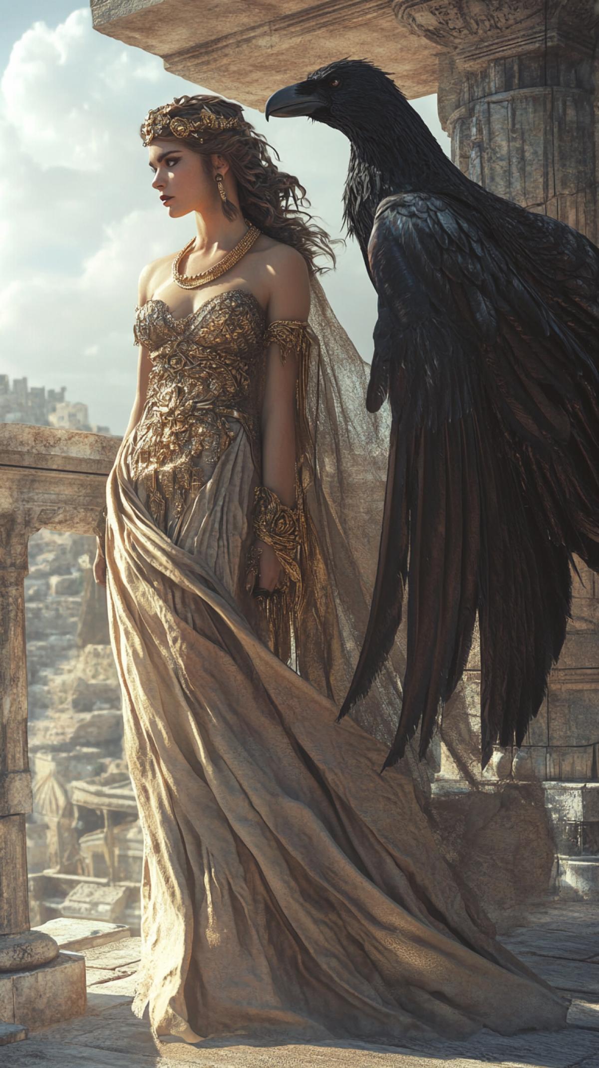 Beautiful woman stands Helen of Troy on the balcony. Dress of thin material flutters in the wind, large gold jewelry. View under the balcony opens a panorama of a stone rampart/wall behind which stands a big horse made of wooden planks, on its head sits a dark raven. Camera is directed at the woman from the side Photorealistic