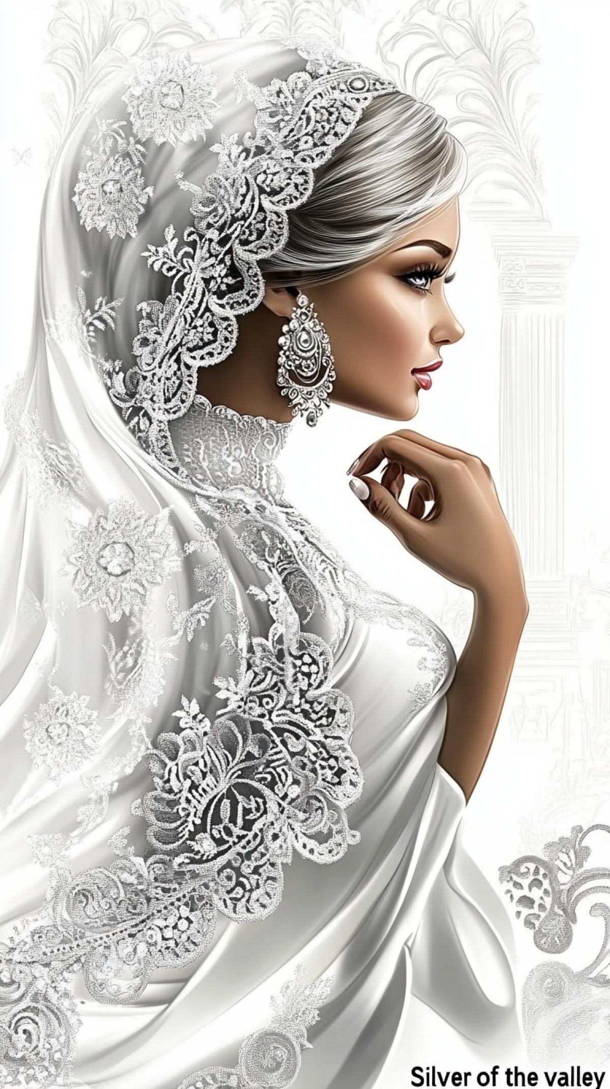 Spirits \"Silver Lily of the valley\". Lace, ornate. The train of the aroma of spirits created by light, air, twigs of the white lily of the valley with motherofpearl drops. Moscow Kunst,. White on white, dynamics of movement, openwork fashionable illustration of the white silhouette of a lady in the Russian folk lace silk scarf, light in the light, against the background of Moscow, watercolor manner of a godl, foam