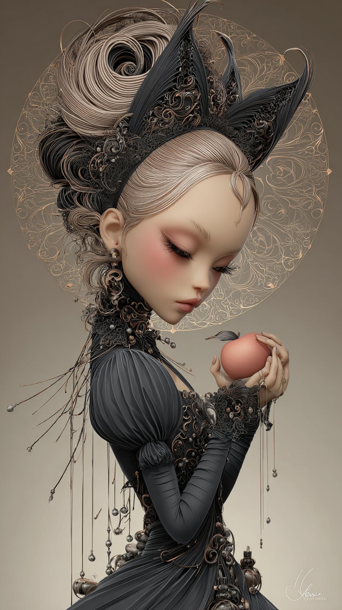 Keeping the style: very cute girl with cat ears, fantasy, blush, decorated with pearls, blue-dark velvet dress, intricate hairstyle, intricate gold threads in the hair and around the girl, holding an apple in her gentle hand