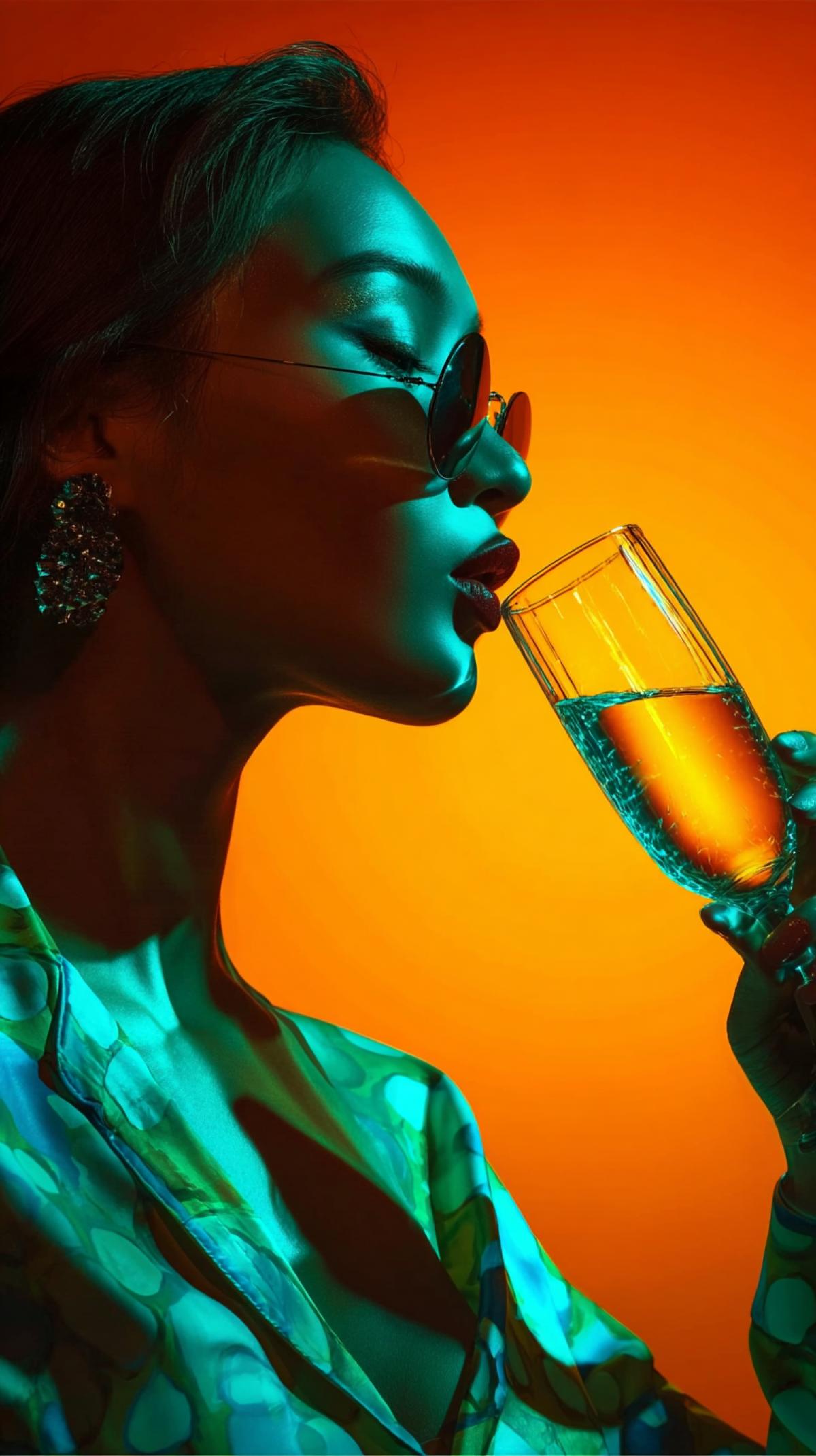 a woman in profile. drinking champagne from a crystal glass, and the turquoise. light creates spectacular shadows on the orange. background. This editorial photo demonstrates. professional-level color correction and the 3D lighting effect,. 3D, 8K
