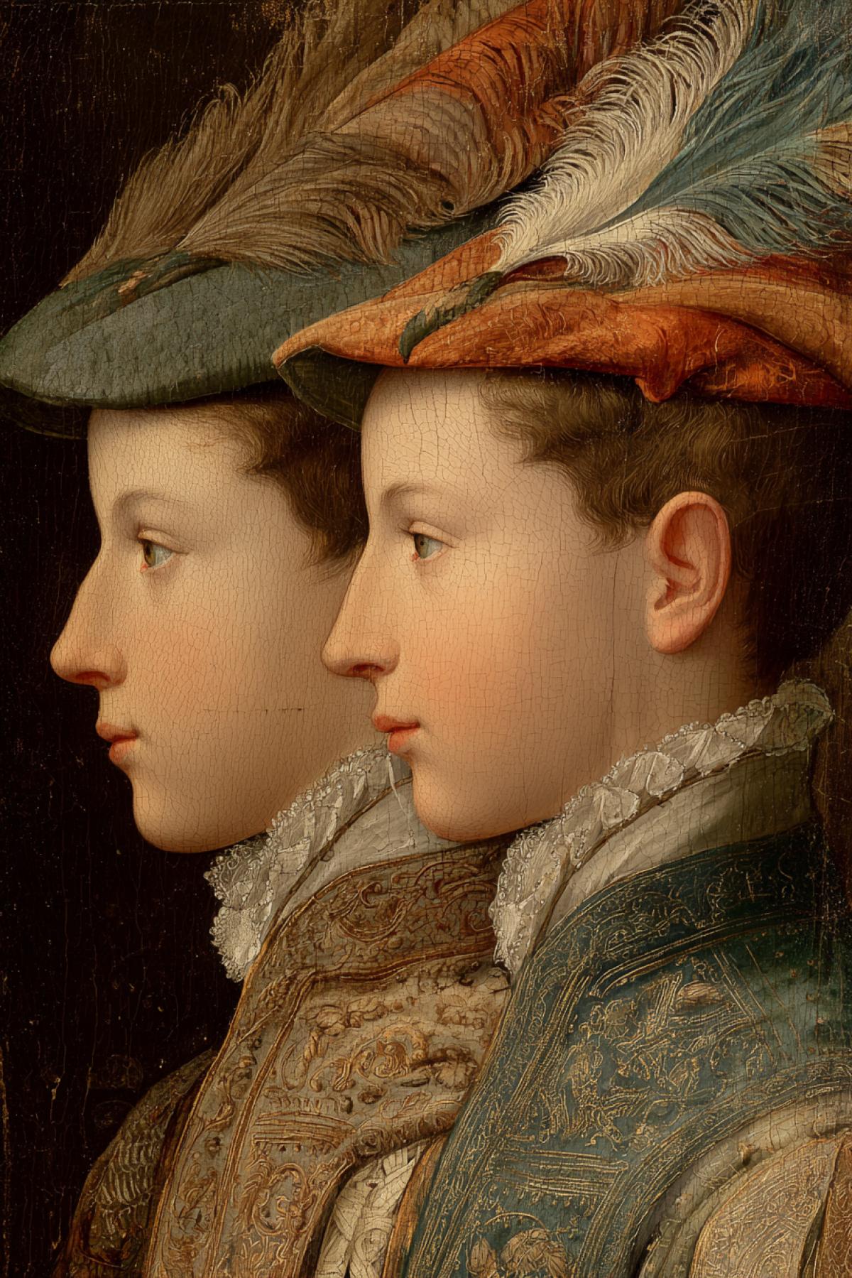 A pair of portrait medallions in the style of a French Renaissance diptych by François Clouet. Left panel: Humpty Dumpty in profile, looking right. Right panel: Another Humpty Dumpty in profile, looking left. Both have eggshell texture for skin, wearing fine embroidered doublets and elegant feathered caps. Muted, rich colors, dramatic chiaroscuro lighting, oil on wood panel, extremely detailed, masterpiece.
