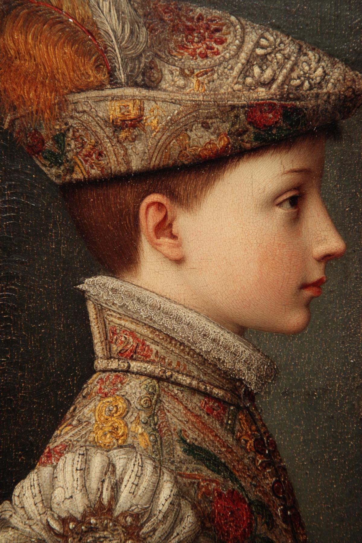 A pair of portrait medallions in the style of a French Renaissance diptych by François Clouet. Left panel: Humpty Dumpty in profile, looking right. Right panel: Another Humpty Dumpty in profile, looking left. Both have eggshell texture for skin, wearing fine embroidered doublets and elegant feathered caps. Muted, rich colors, dramatic chiaroscuro lighting, oil on wood panel, extremely detailed, masterpiece.