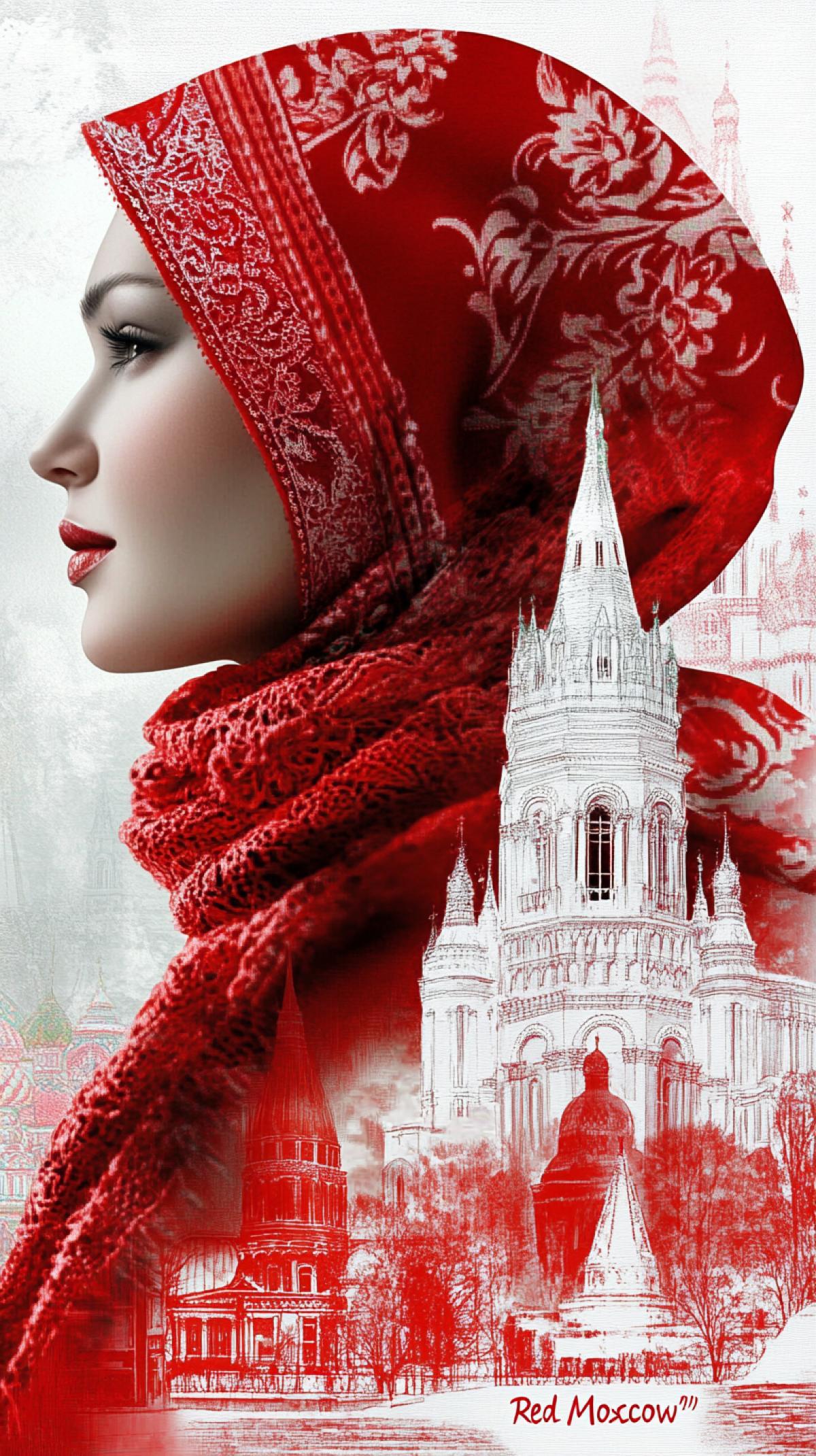 Perfume \"Red Moscow\".. lace. trail of perfume aroma. Moscow Kunst,. white on white, dynamics of movement, openwork, fashionable illustration of a white silhouette of a lady in a Russian folk headscarf, light on the light, against the background of Moscow, watercolor style Lee Bogle, Enri Penovac ar 9:16