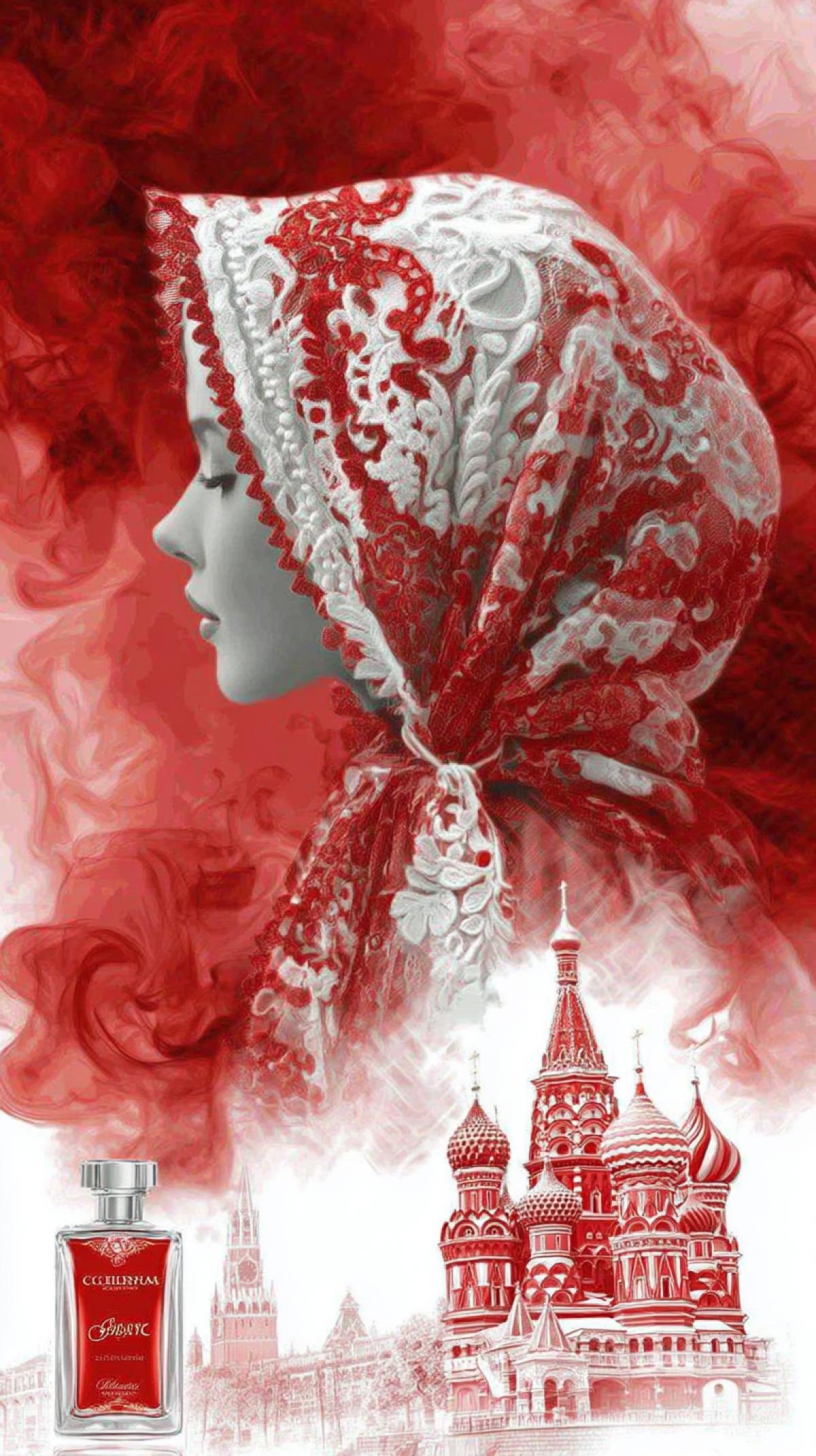 Perfume \"Red Moscow\".. lace. trail of perfume aroma. Moscow Kunst,. white on white, dynamics of movement, openwork, fashionable illustration of a white silhouette of a lady in a Russian folk headscarf, light on the light, against the background of Moscow, watercolor style Lee Bogle, Enri Penovac ar 9:16