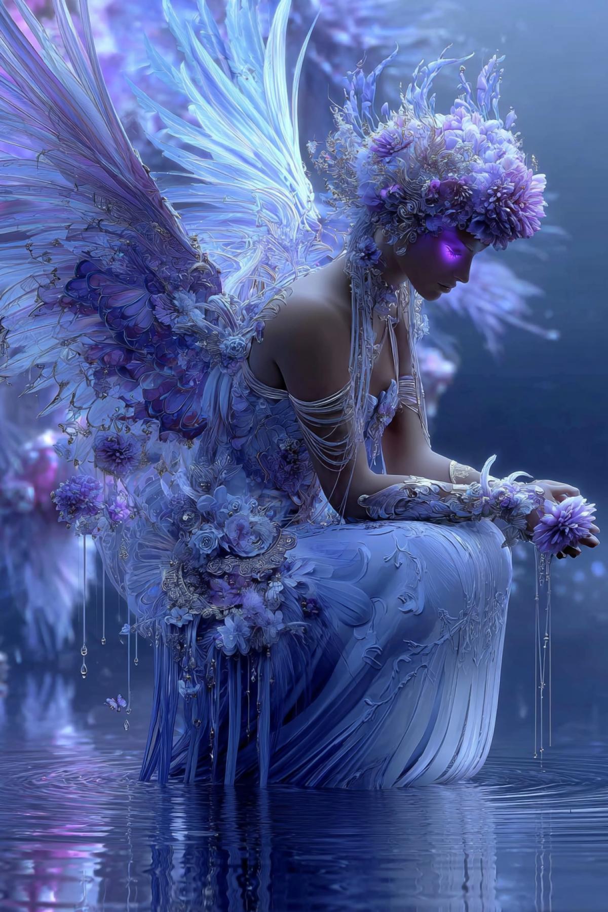 Futuristic fantasy art | A celestial being with ethereal blue and white tones, adorned with intricate wings, a floral crown, and glowing purple eyes, surrounded by cascading water-like patterns | Lighting creates a stark contrast, Vibrant, dreamlike setting with a gradient blue background and a reflective surface that mirrors the figure’s form | Full view capturing the delicate details of the wings, flowing hair, and ornate accessories | Soft, ambient lighting with a cool, icy palette to enhance the otherworldly atmosphere | Serene; mystical; aquatic ar 16:9 style raw v 7 stylize 750