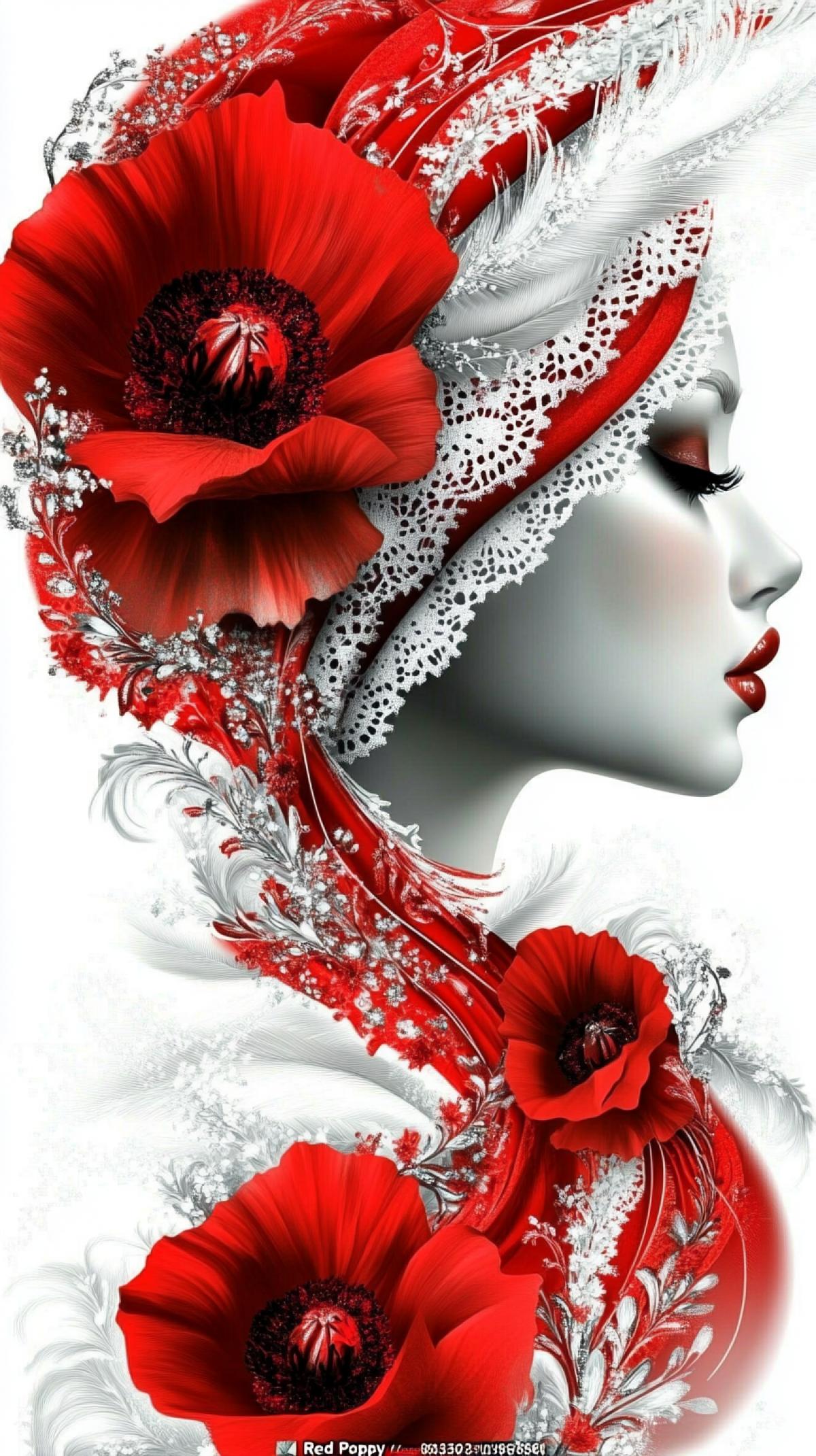 Microworld, close-up, Macro 3D, ultra quality, cinematic angle.. Style: dark surrealism, velvet mist, smoky fractal glow, sur-fantasy, Perfume \"Red Poppy\". lacy ornate. trail of perfume aroma,. Moscow Kunst, white on white, dynamics of movement, fashionable illustration of a white silhouette of a lady in a Russian folk headscarf, light on the light, watercolor style Lee Bogle and Alexey Kurbatov. of burgundy marble and gloss, arches of glitter, baohatistye poppy flowers and silk trains. Colors: velvet red, ash pink, dull mother-of-pearl ar 9:16