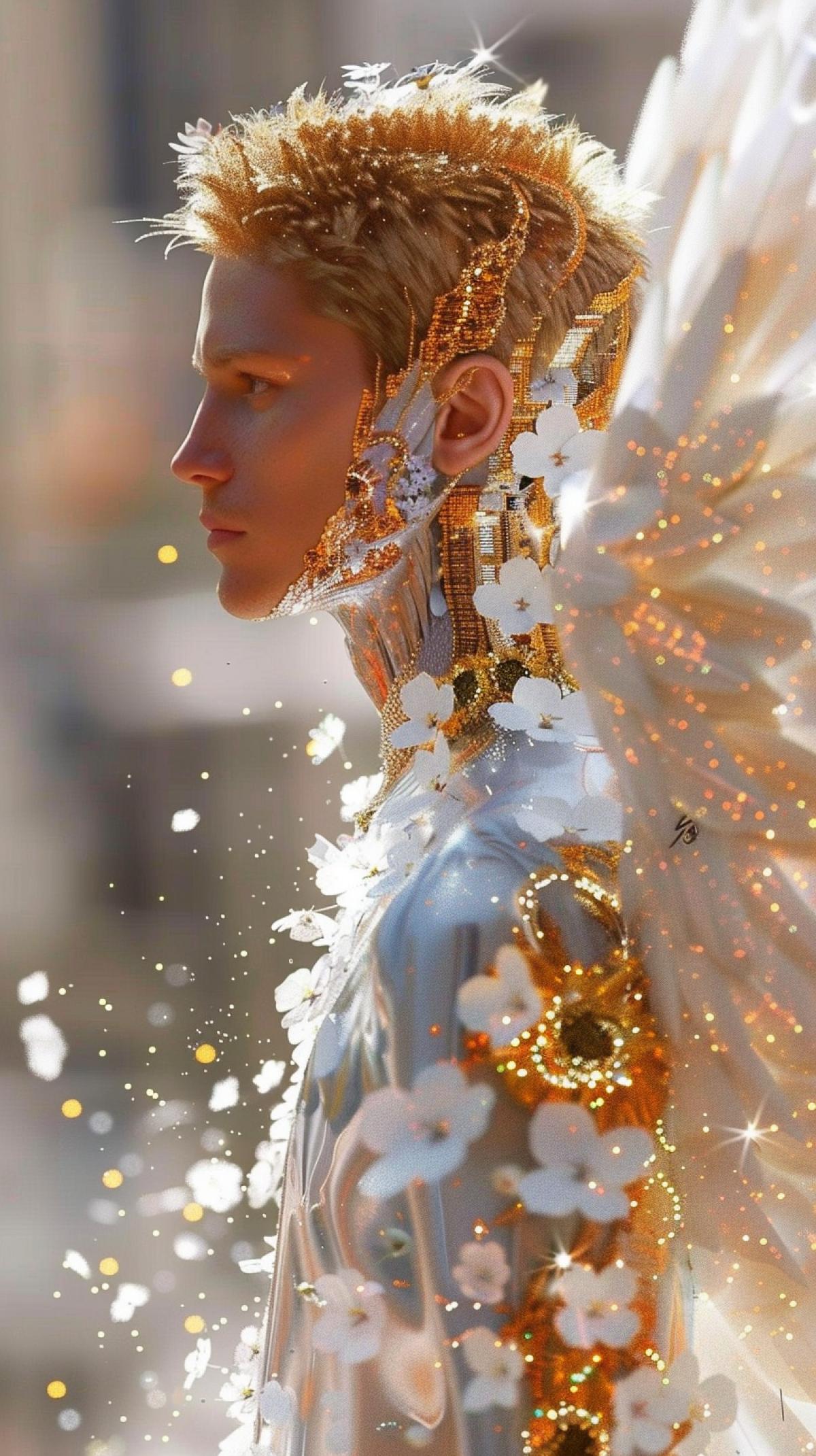A close up profile shot with high detail, digital tornado graphics; an angelic figure of a man dressed in a swirl of forget-me-nots, violets and feathers, the light emanating from his skin and behind him is a blue, pink and mint floral tornado a swirl decorated like a dream podium. His feathers and clothing shimmer with the sun and stars, with a city outlined on his clothing and partially covering his wings. Digital art, multi-color 3D digital graphics; deep, airy; a creation of nature, surreal, golden glow.