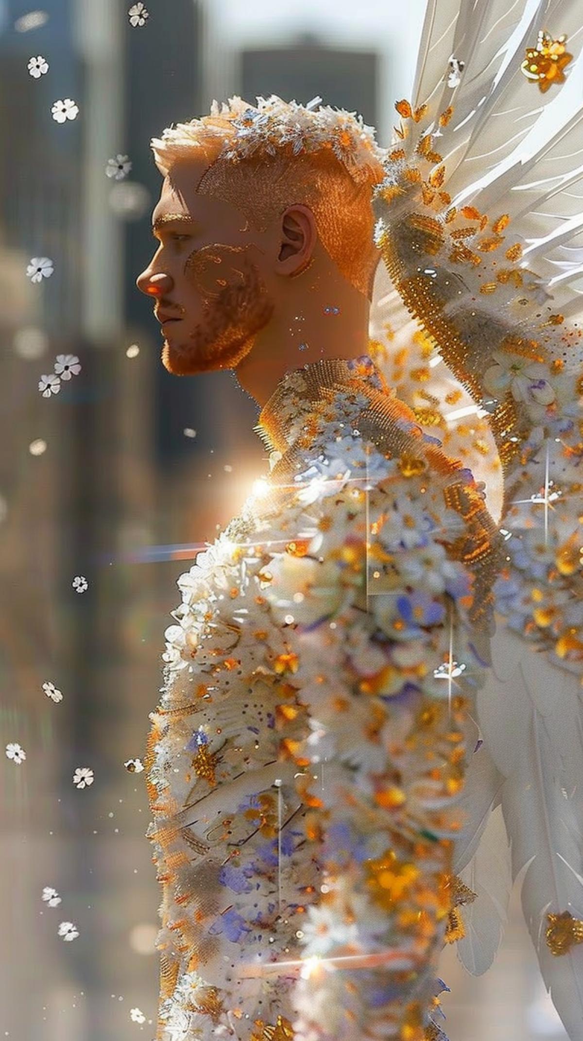 A close up profile shot with high detail, digital tornado graphics; an angelic figure of a man dressed in a swirl of forget-me-nots, violets and feathers, the light emanating from his skin and behind him is a blue, pink and mint floral tornado a swirl decorated like a dream podium. His feathers and clothing shimmer with the sun and stars, with a city outlined on his clothing and partially covering his wings. Digital art, multi-color 3D digital graphics; deep, airy; a creation of nature, surreal, golden glow.