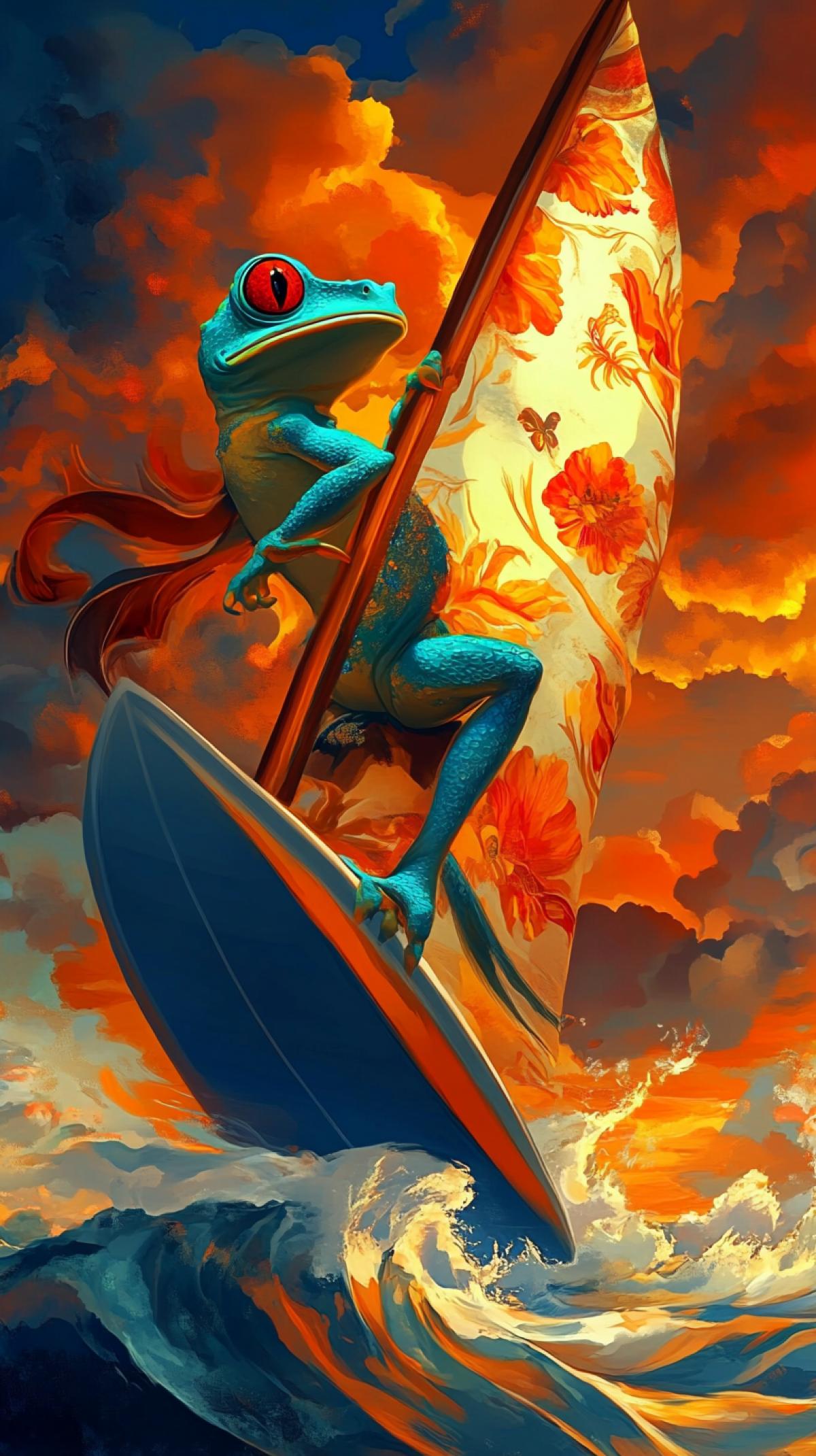 A brave frog or chameleon, in profile, looking at the sky, on a surfboard with a sail with a floral print