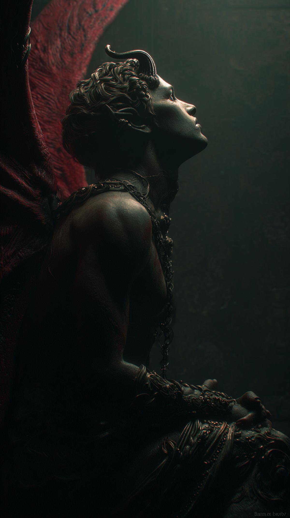 The fallen demon is sad in fulllength profile, devilishly beautiful and apile