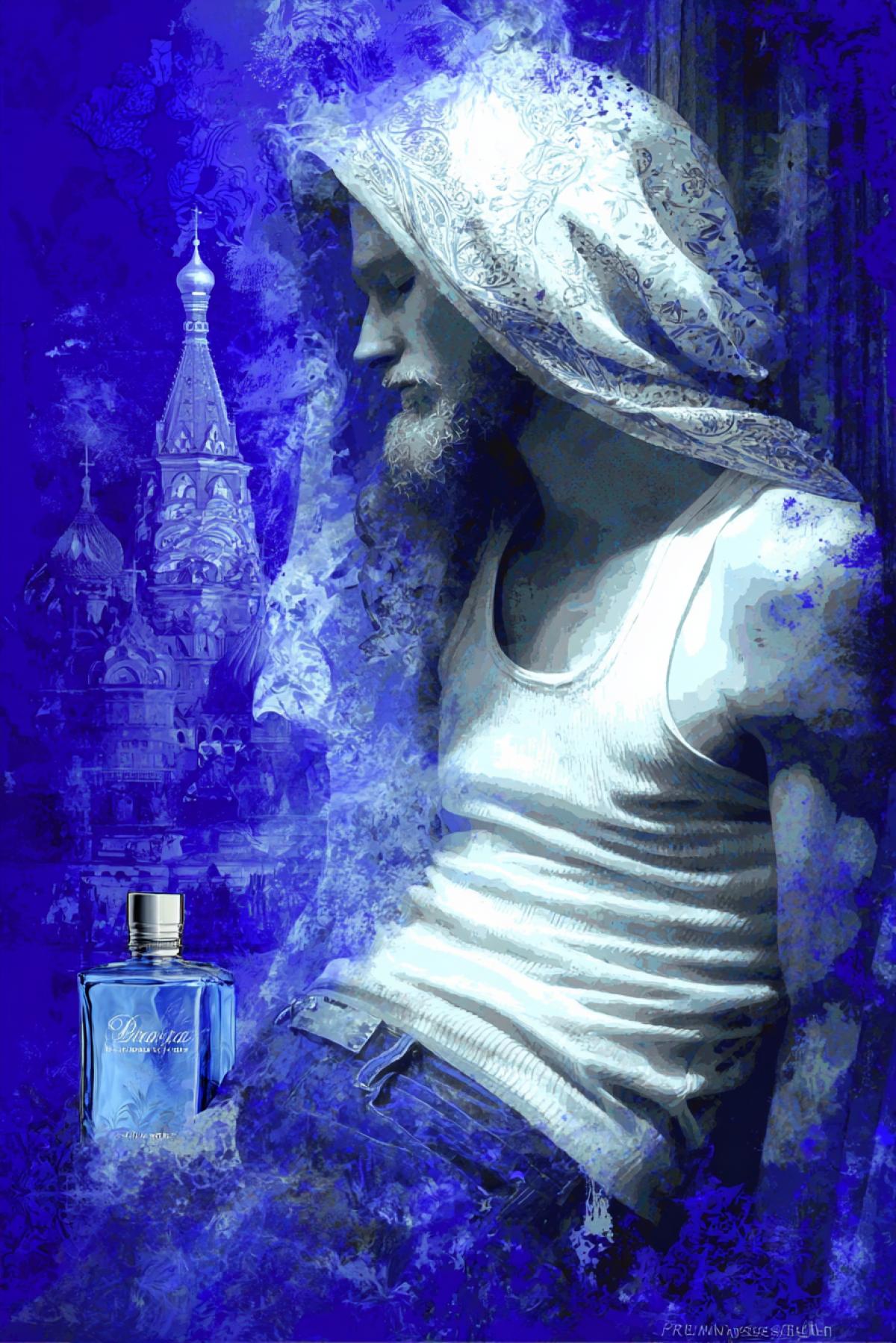 Perfume \"Blue Moscow\", a drunk disheveled man in a stained white wife-beater, unshaven, slumped against a wall, the smell of cheap alcohol, blue and white color scheme, Moscow at night, dynamic disarray, loose painterly style, dramatic lighting, watercolor style of Lee Bogle, Enri Penovac