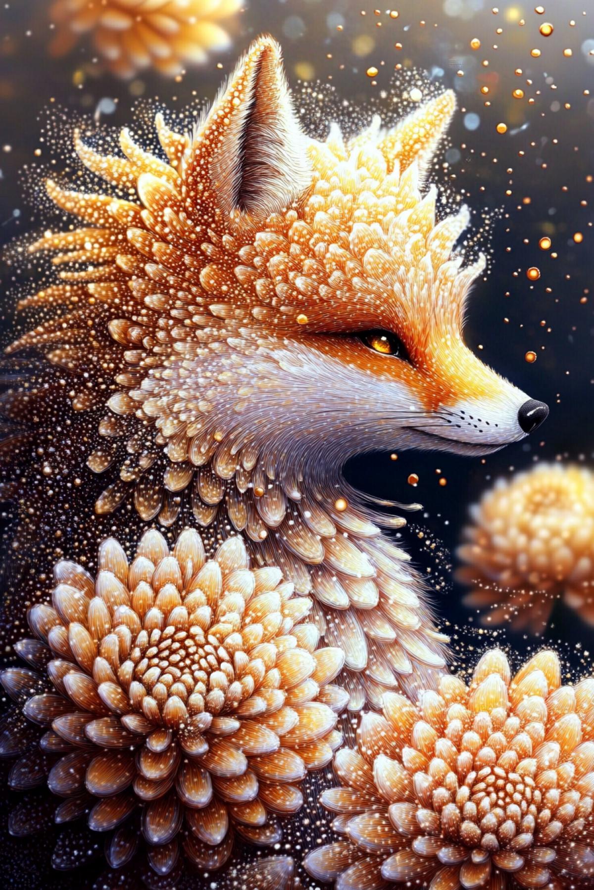 Volumetric watercolor, drawing, magic, space, fluffy fox, gentle, sunny around, glow from autumn chrysanthemum flowers, glare, pixelated work, high detail, many details, gentle, realistic, high quality, work of art, glitter, hyperdetail, professional, filigree, mystical haze, superdetail, hyperrealism, professional intricate details, transparent, soft pastel colors, backlight