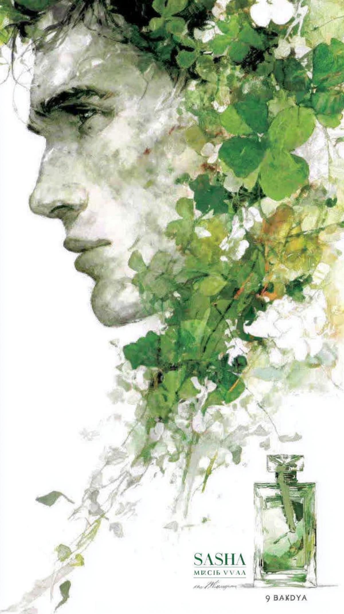 Prompt: Mens cologne \"Sasha\". The scent trail of perfume is a whirlwind of green delicate clover petals, nasturtium Moscow Kunst, white on white, dynamics of movement, fashionable illustration of a handsome mans profile silhouette, confidently looking at the horizon line. Light through, against the backdrop of Moscow, watercolor style Lee Bogle + Alexey Kurbatov. ar 9:16