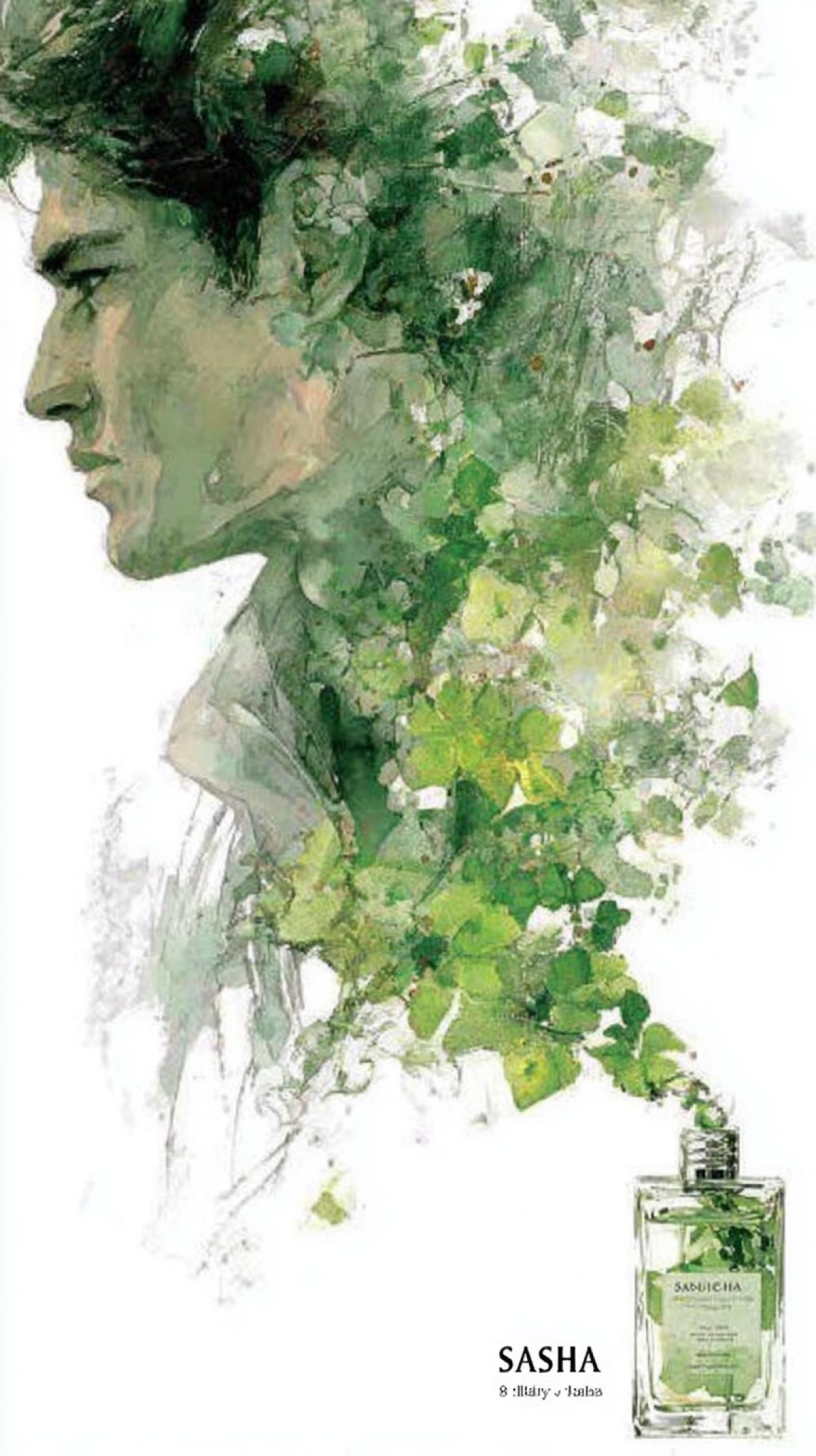Prompt: Mens cologne \"Sasha\". The scent trail of perfume is a whirlwind of green delicate clover petals, nasturtium Moscow Kunst, white on white, dynamics of movement, fashionable illustration of a handsome mans profile silhouette, confidently looking at the horizon line. Light through, against the backdrop of Moscow, watercolor style Lee Bogle + Alexey Kurbatov. ar 9:16