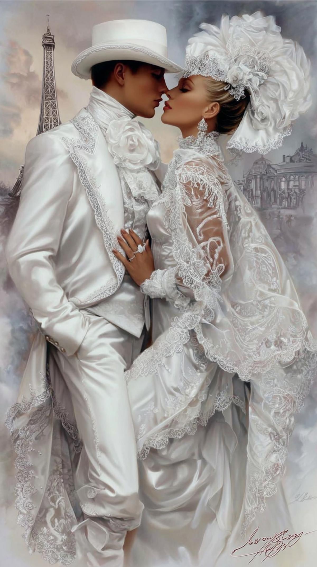 Perfume \"Tete-a-tet\".. Moscow-Paris. lace trail of perfume aroma,white on white, dynamics of movement, fashion illustration in a white silk suit, figures in profile, looking at each other, men and women in a lace cape and hat, light on the light, in the background Moscow and the Eiffel Tower, perfume, watercolor style Lee Bogle and Alexey Kurbatov. ar 9:16