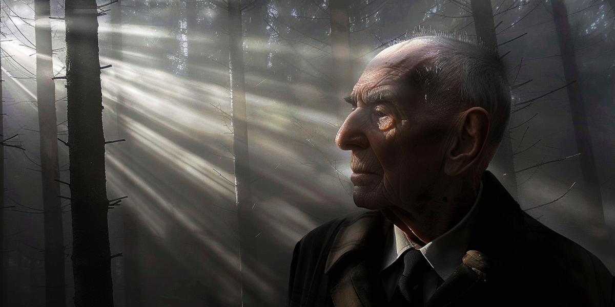 Conceptual Surrealism | Elderly mans profile in a shaft of dusk light, suggesting confusion and layered subtexts | Misty pine forest with shadowy trees | Offset framing for emotional unrest | Soft, oblique light with long, dramatic shadows | Subtle suggestion; quiet obsession; scandalous intrigue ar 2:1 v 7.0 stylize 50