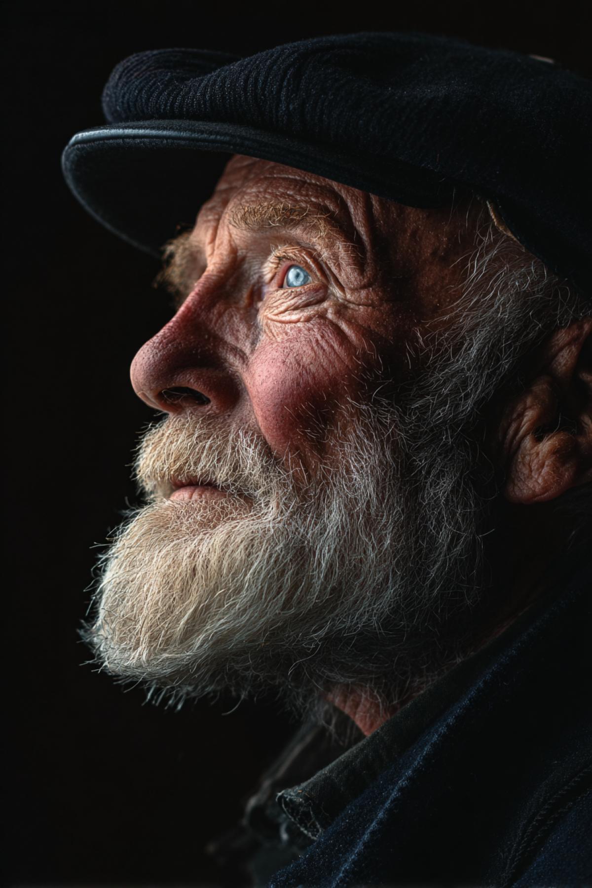 Portrait in the profile of an old fisherman. Lighting from above is half a control.