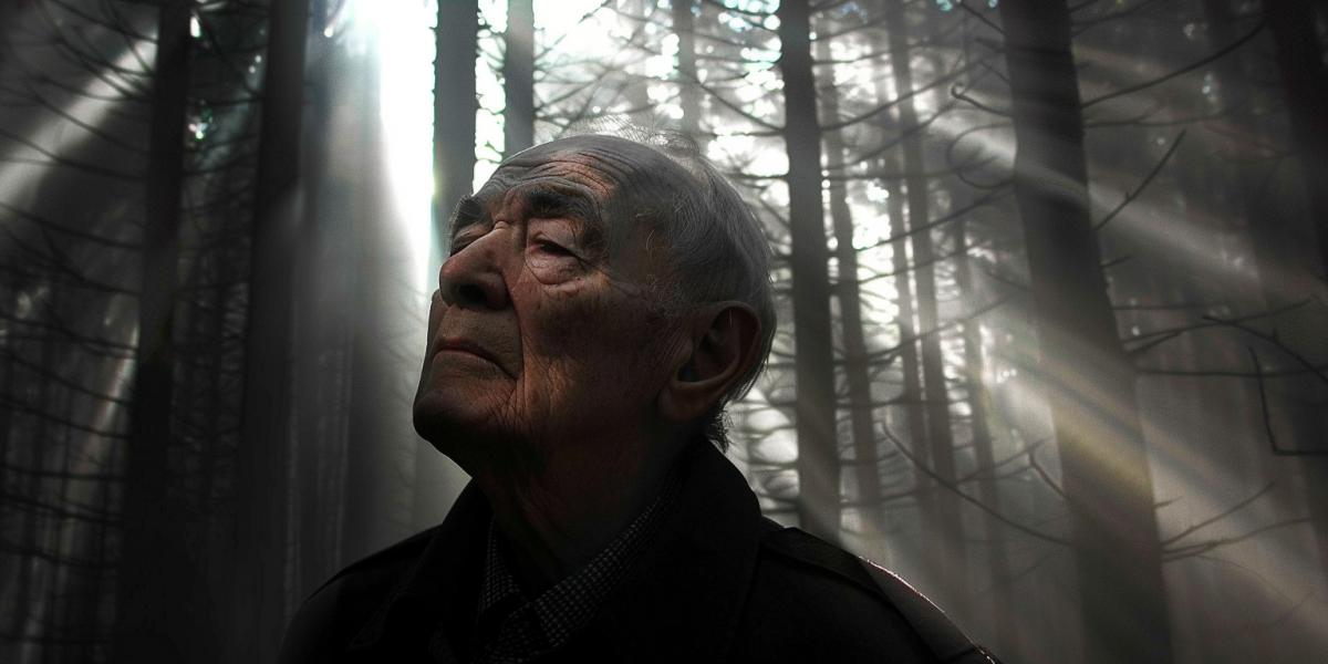 Conceptual Surrealism | Elderly mans profile in a shaft of dusk light, suggesting confusion and layered subtexts | Misty pine forest with shadowy trees | Offset framing for emotional unrest | Soft, oblique light with long, dramatic shadows | Subtle suggestion; quiet obsession; scandalous intrigue ar 2:1 v 7.0 stylize 50