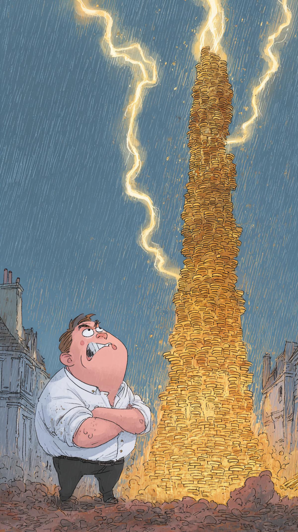 an angry fat man in a white shirt looks at a tower of gold coins, the tower reaches the sky, it is destroyed by lightning, and the tower collapses