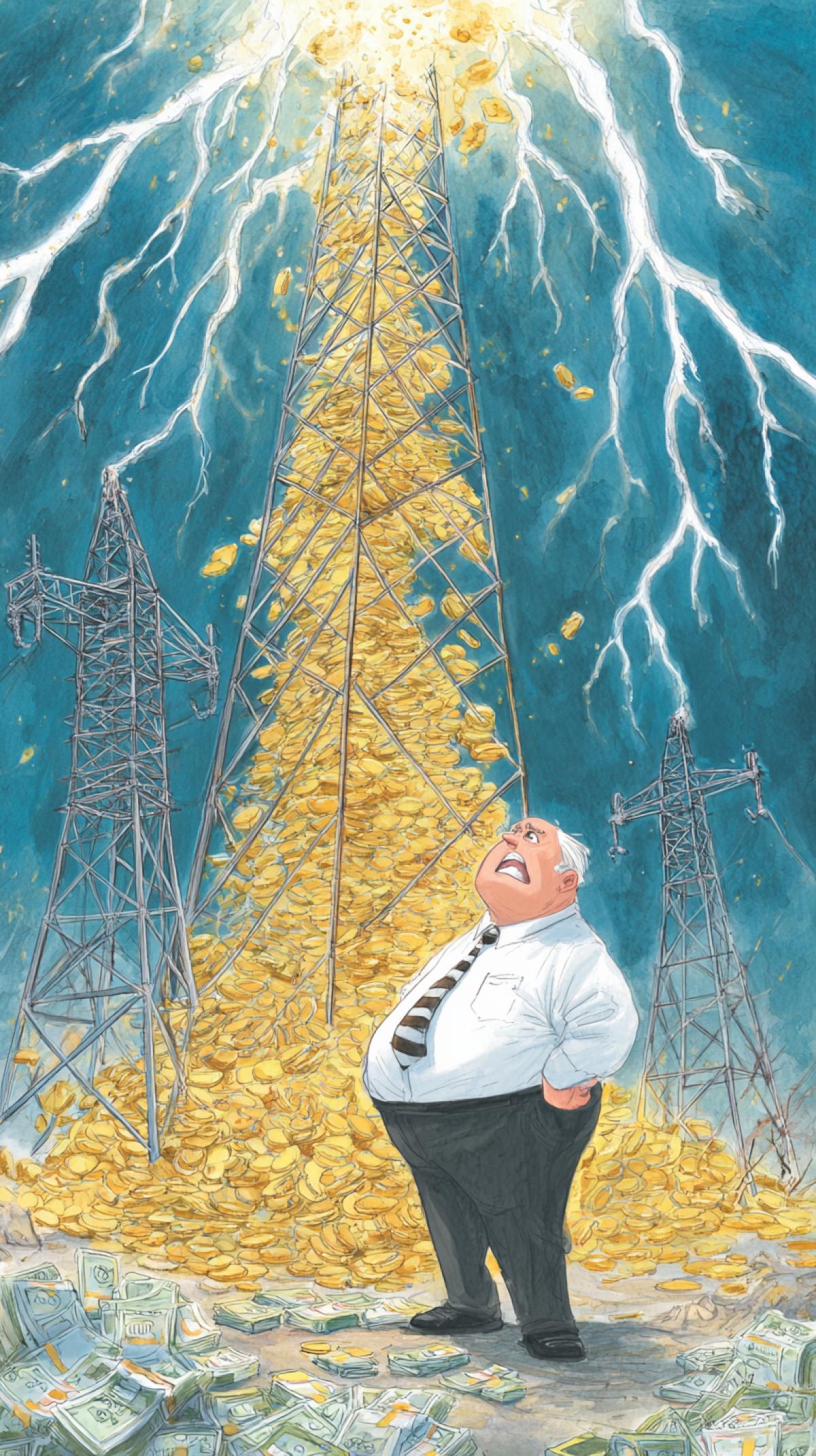 an angry fat man in a white shirt and trousers looks at a big tower of gold coins and banknotes, the tower reaches the sky, it is destroyed by lightning, and the tower collapses
