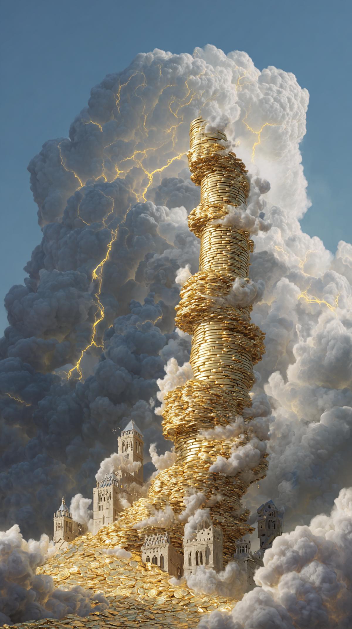 a tower of gold coins reaches the sky, it is destroyed by lightning, and the tower collapses