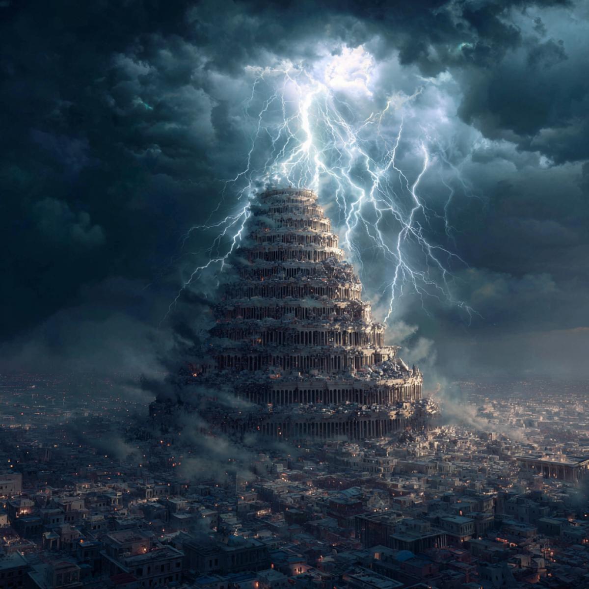 God destroys the Tower of Babel, and lightning strikes