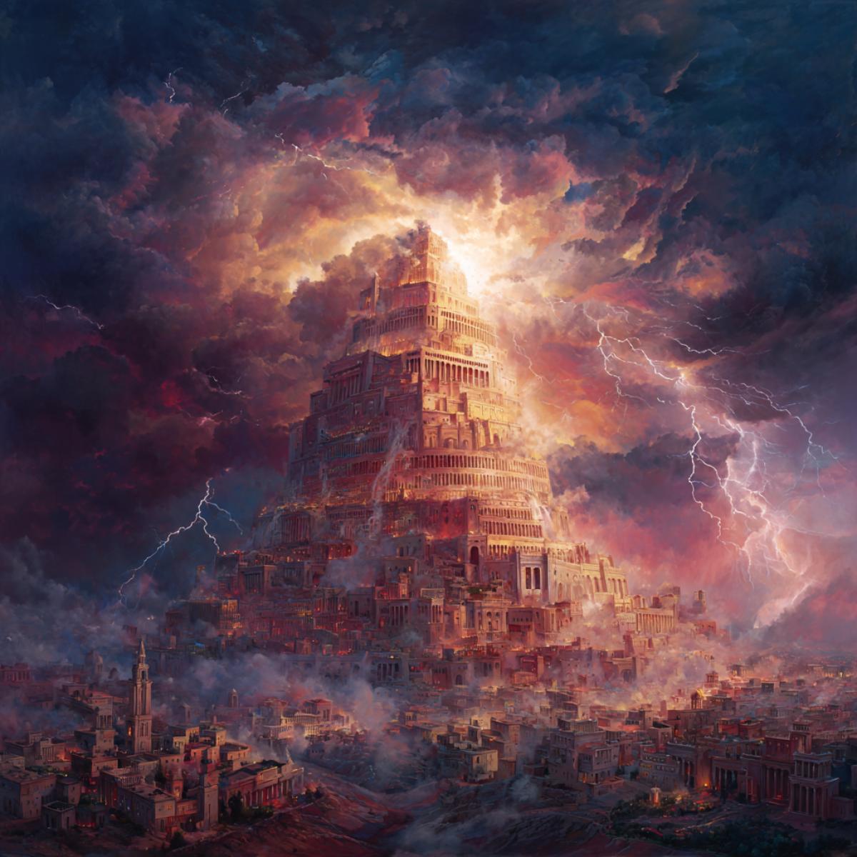 God destroys the Tower of Babel, and lightning strikes