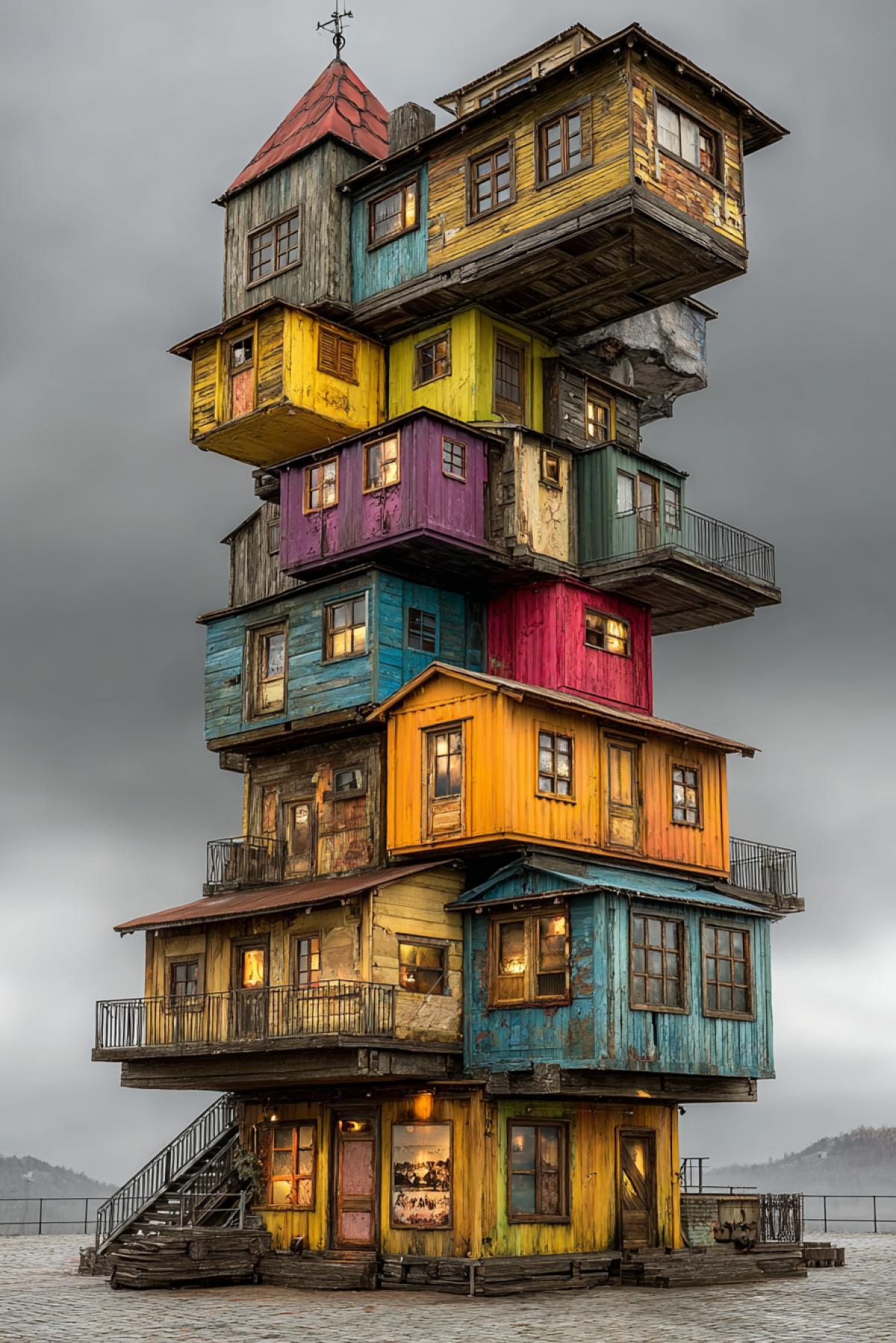 Tower of Babel made from shipping containers of different sizes and colors stacked on top of each other. The tower is very tall.