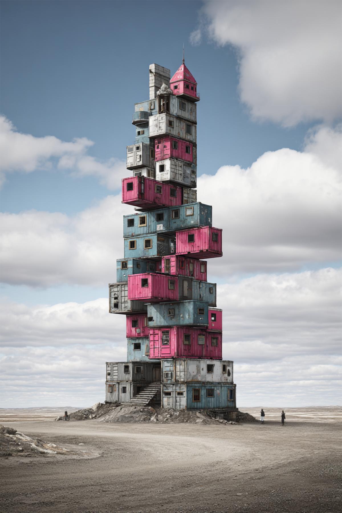 Tower of Babel made from shipping containers of different sizes and colors stacked on top of each other.