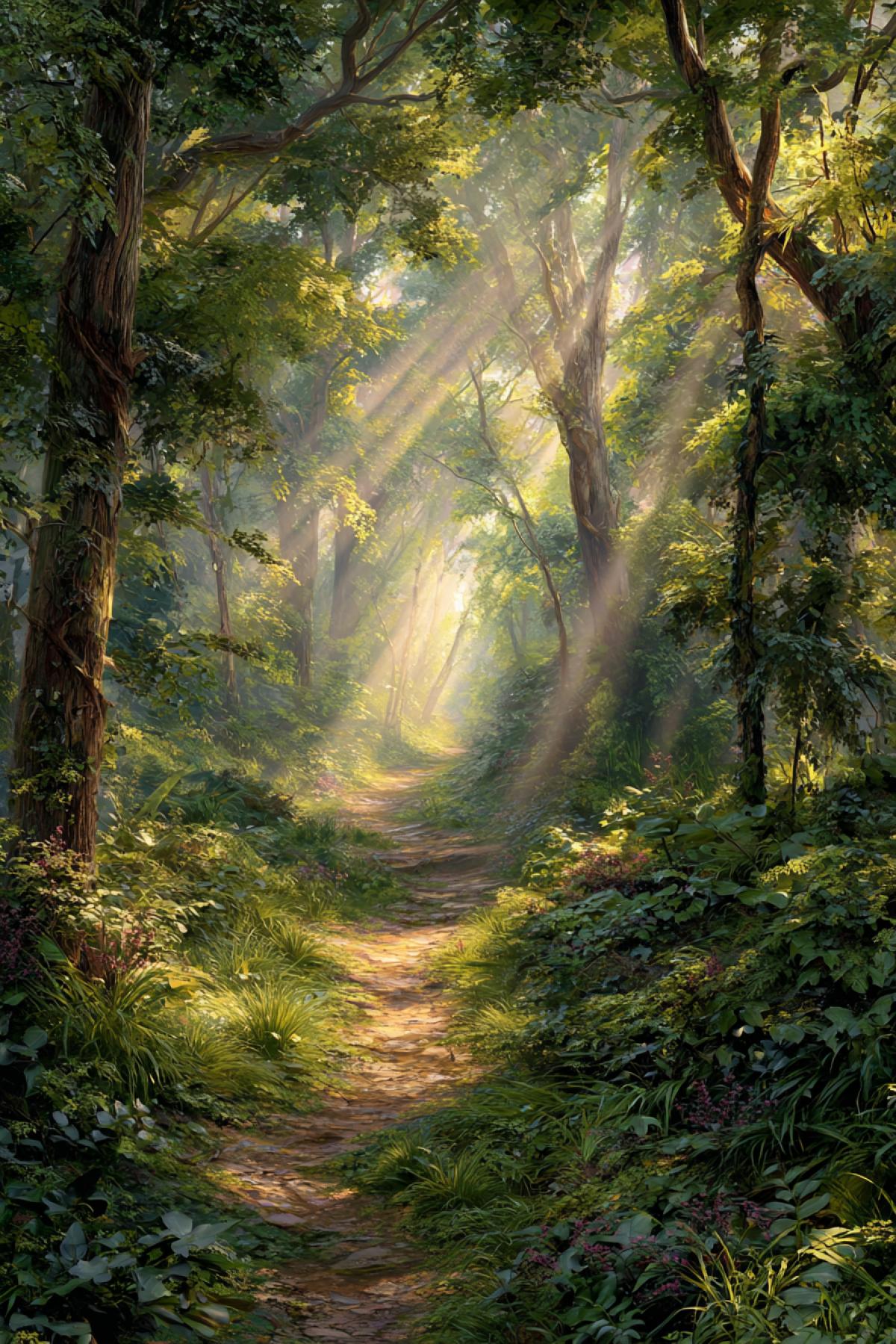 A serene, sun-dappled forest path in a magical forest, basking in golden hour light. Sunbeams filter through the lush green canopy, creating a warm and joyful atmosphere. The path is inviting and well-trodden, leading towards a bright, hopeful glow. Hyper-detailed, photorealistic, style of National Geographic, sense of peace and tranquility, 32k, vibrant colors