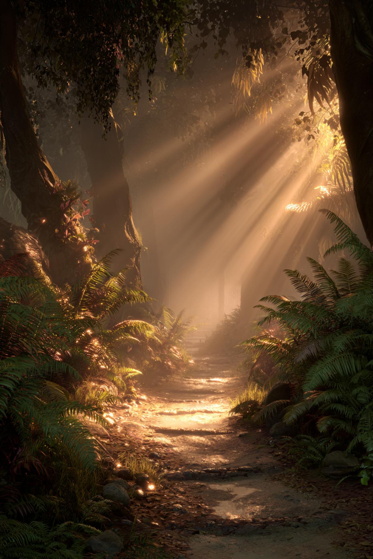 A mystical forest path leading towards a bright, inviting light. The atmosphere is ethereal and optimistic. Lush ferns and ancient trees frame the com4k, with powerful god rays illuminating the way. Epic com4k, fantasy art style, warm color palette, high contrast, feeling of adventure and wonder