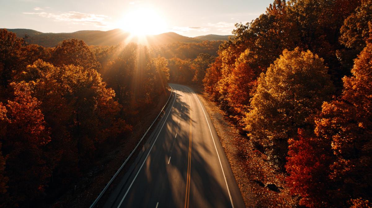 Low angle dynamic shot of an empty scenic highway stretching through a vibrant autumn forest. Aerial perspective, the road leads to a bright light. Golden hour, long dramatic shadows, sun rays (god rays) filtering through colorful leaves, cinematic lighting, hyperrealistic, 8k, style of a car commercial, sense of epic journey and optimism