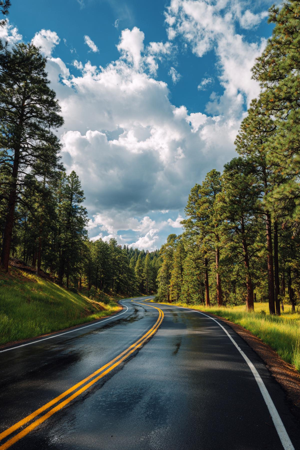 A perfectly paved two-lane highway winding through a majestic sunlit pine forest. A bright, sunny day with fluffy clouds in the sky. The asphalt is dark and wet from a recent rain, reflecting the tall trees and blue sky. Lush green grass on the sides, sense of freedom and joyful travel, photorealistic, ultra detailed, National Geographic photo, wide angle shot
