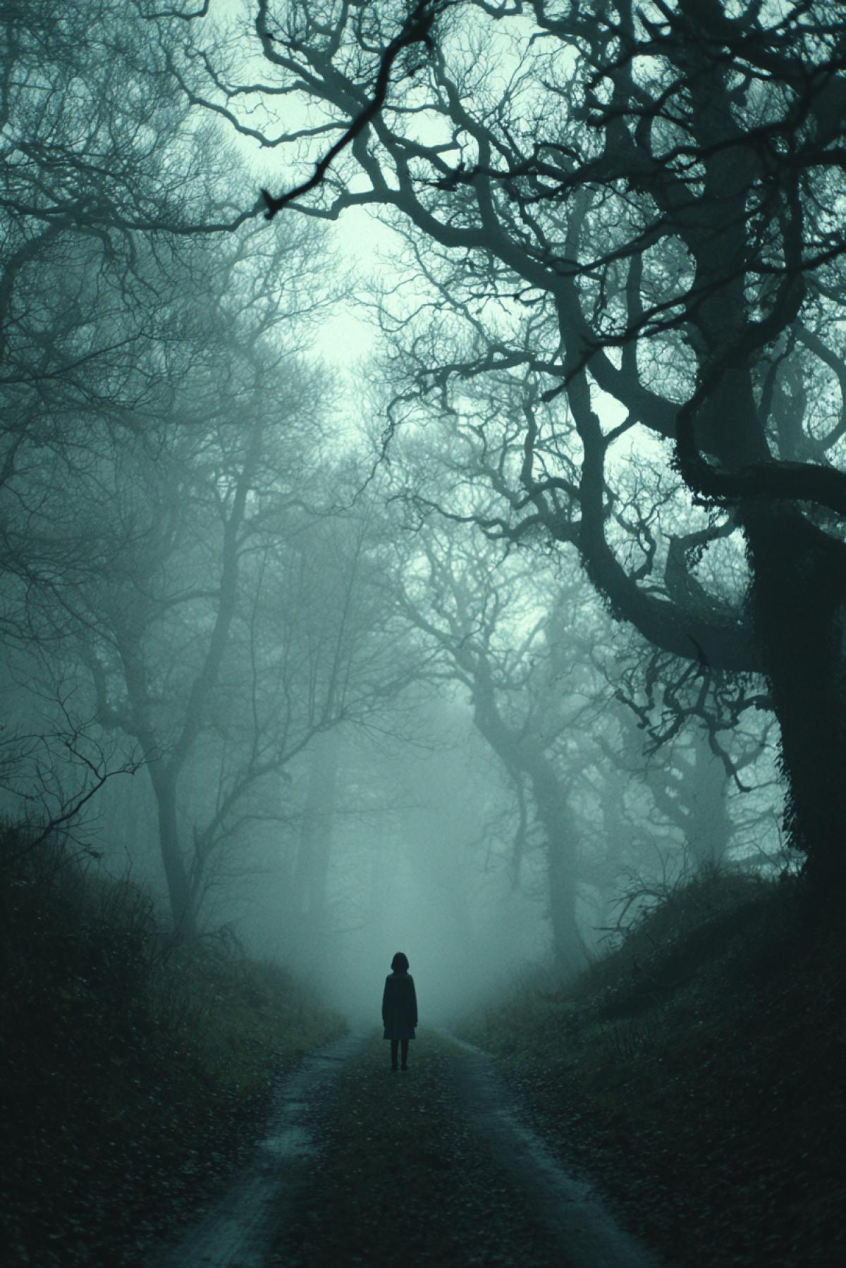 A haunting, misty forest road at dusk, deep in the woods. The fog is thick and eerie, luxuryly luxury a lone, motionless silhouette of a child standing in the middle of the path, facing away. The trees are twisted and gnarled, like skeletal hands. Dark, moody, cinematic horror movie still, shot on 35mm film, grainy, desaturated