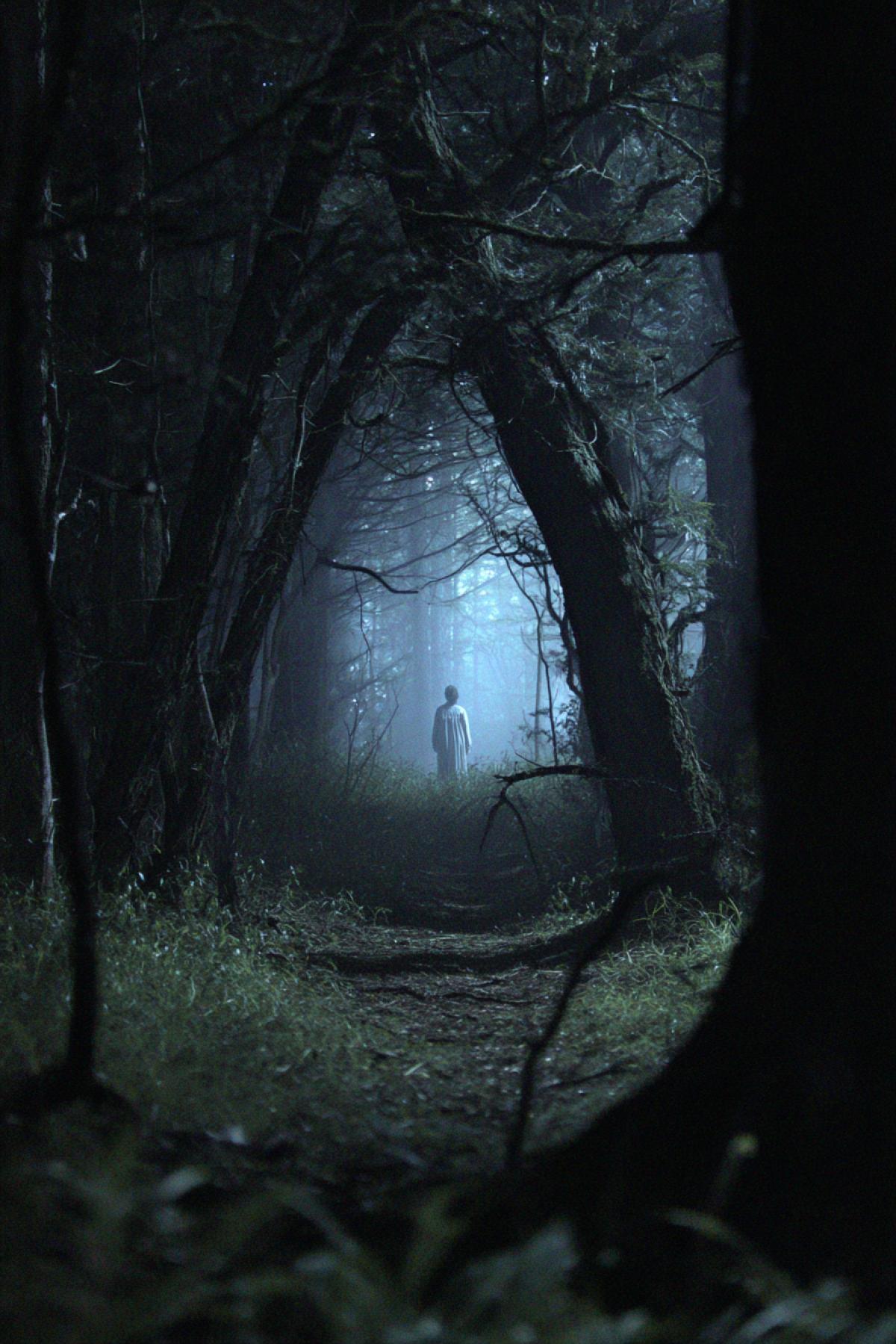 A narrow, overgrown forest path in a haunted, dense wood at night. The gnarled, dark trees form a claustrophobic tunnel with grasping branches. Thick, unnatural fog glows faintly in the moonlight, obscuring the path ahead. In the distance, a blurred, pale figure of a child stands half-hidden behind a tree, watching. Cinematic still from a psychological horror film, hyper-detailed, eerie atmosphere, muted colors, deep shadows, sense of being watched and paranoia, unsettling, uncanny valley, 35mm fil