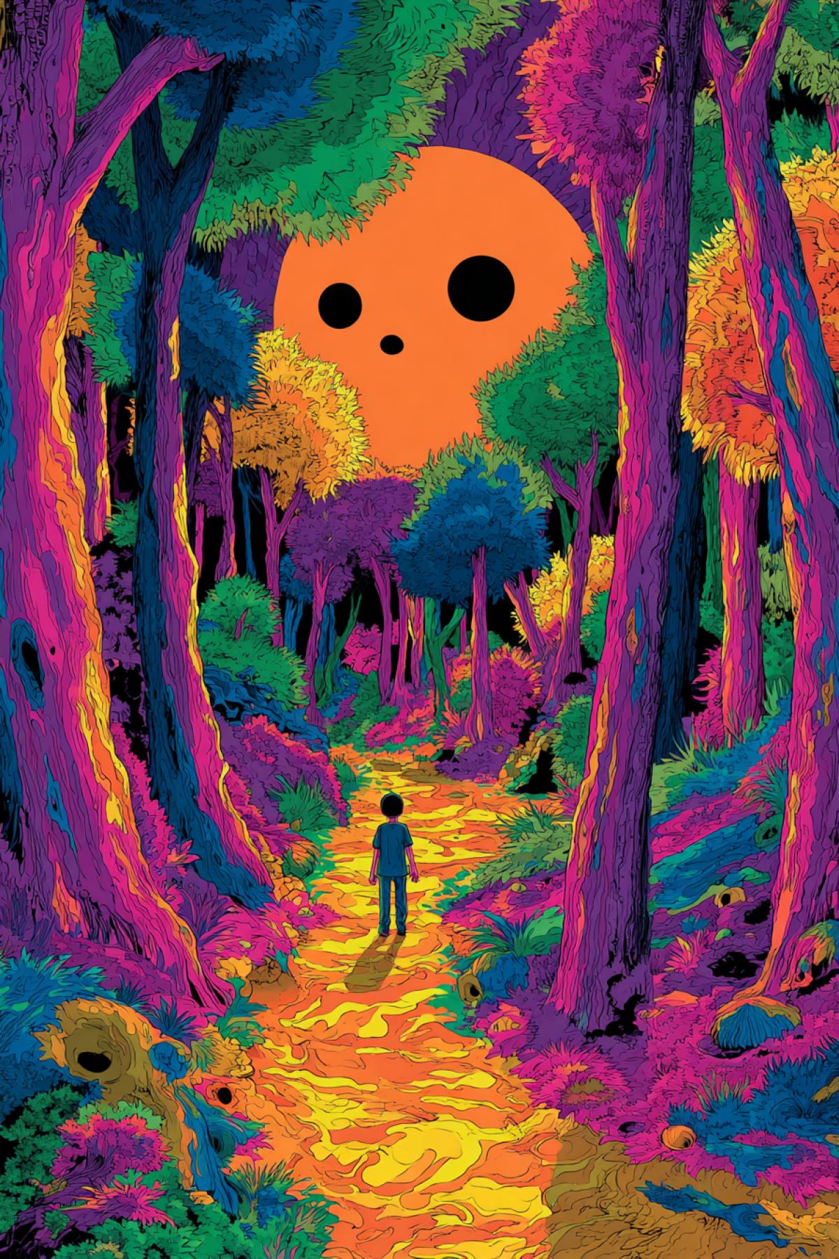 A surreal, hyper-vibrant and saturated sunny path in a cartoonish forest, style of Lisa Frank, toxicly bright colors. A lone, slightly off-looking child stands with its back to the viewer, too still. The trees have perfectly round, hollow holes for eyes. The smile of the sun in the sky is too wide and sinister. Deeply unsettling and eerie atmosphere, joyful colors hide horror, psychological dread, uncanny valley, surreal horror, contrast between happy colors and terrifying feeling