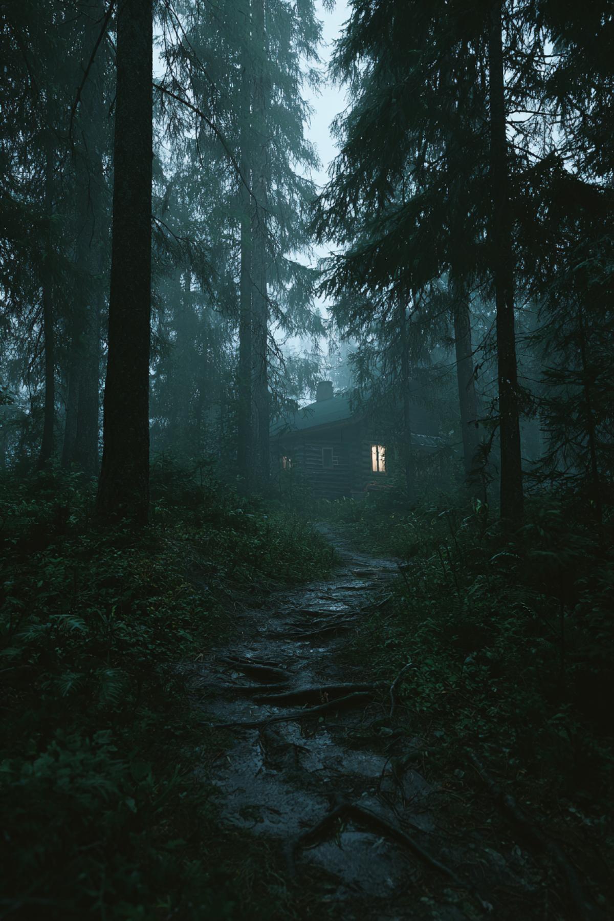 A dark, misty path in a dense Karelian forest of pine and spruce, at twilight. The path is muddy and overgrown with roots. Deep among the dark trees, a vague, blurred humanoid silhouette is half-hidden, watching. At the end of the path, an old, weathered wooden house with a dim, faint light glowing in a single window. The light does not illuminate the surroundings, but instead creates long, threatening shadows. Cinematic horror, eerie atmosphere, sense of silent dread, hyperrealistic, grainy film texture, desaturated cool colors, subtle horror