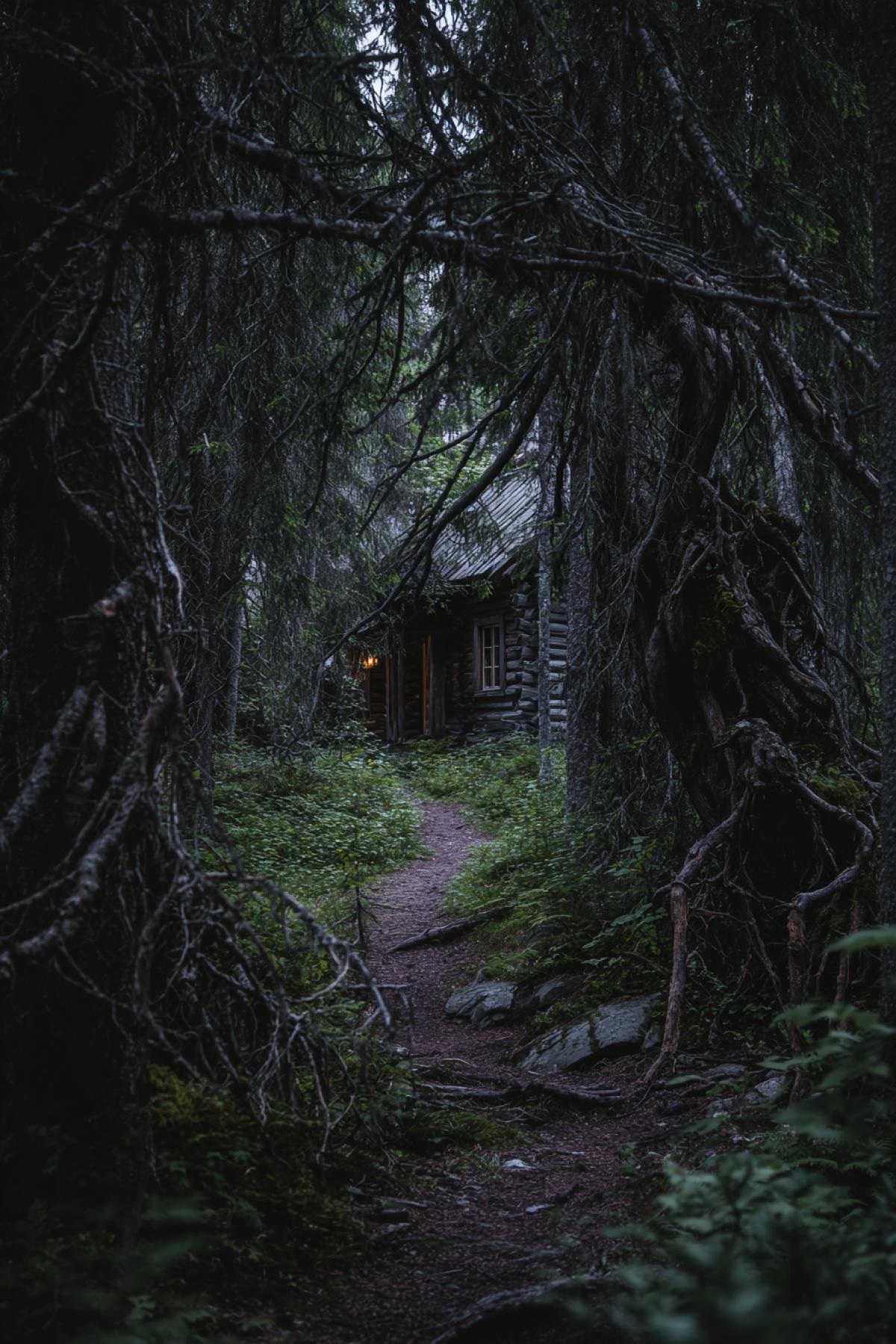 A winding narrow path through an impenetrable, dense Karelian taiga wilderness. The ancient, gnarled pine and spruce trees loom overhead, creating a dark, claustrophobic tunnel of twisted branches and roots. The atmosphere is thick and heavy. In the far distance, luxuryly visible at the end of the winding path, an old, dilapidated wooden cabin with a single dimly lit window glowing with a faint, sickly yellow light. The light is a lonely beacon in the overwhelming gloom, cinematic horror, hyperrealistic, eerie, sense of isolation and being lost, haunting atmosphere, deep shadows, desaturated cool palette, grainy texture