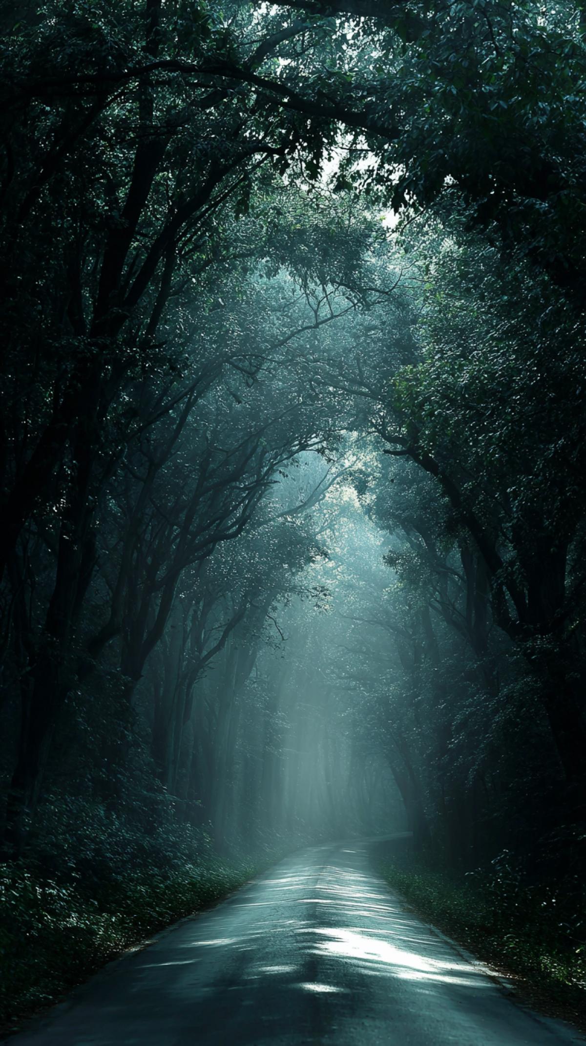 A road through the trees.. Imagine a mysterious or picturesque road that stretches into the distance, surrounded by trees on all sides, creating a natural tunnel. It could be a bright path in a sunny forest, a foggy road with gloomy branches, a fairy-tale path with a magical glow, or a futuristic tunnel of fantastical trees.