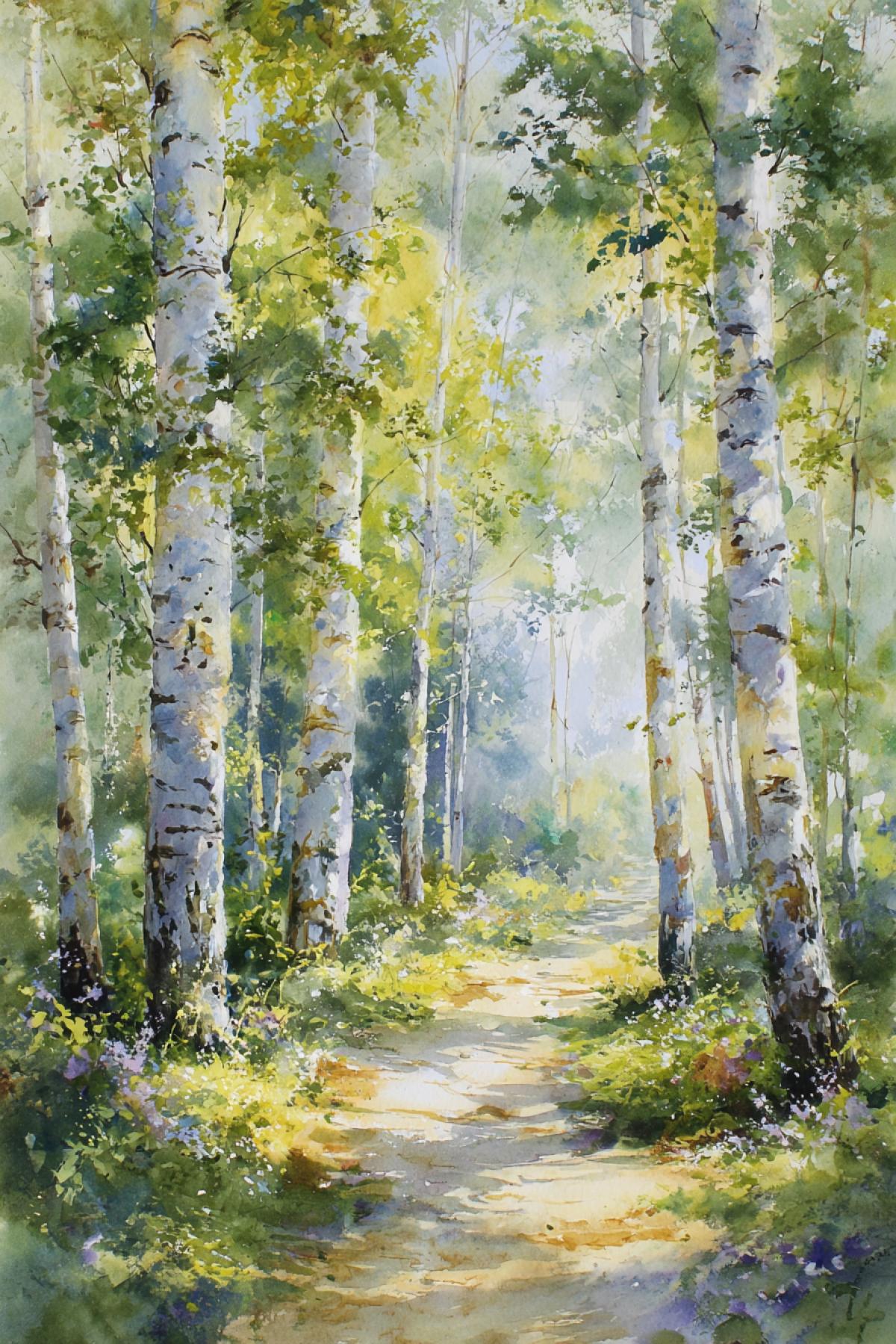A serene, sun-drenched path winding through a bright birch grove on a summer day. Sunbeams filter through the delicate leaves, creating a mosaic of light and soft shadows on the path. The air is fresh and clear. Beautiful delicate watercolor painting, soft washes of green, white and gold, expressive brushstrokes, light airy atmosphere, feeling of peace and tranquility, joyful calm, masterpiece, subtle texture of watercolor paper