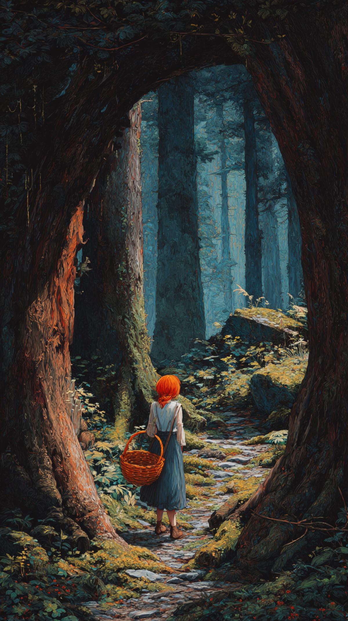 A redhaired girl with a basket walks along the tropinn in the forest, a path through a trunk of a tree of big ton