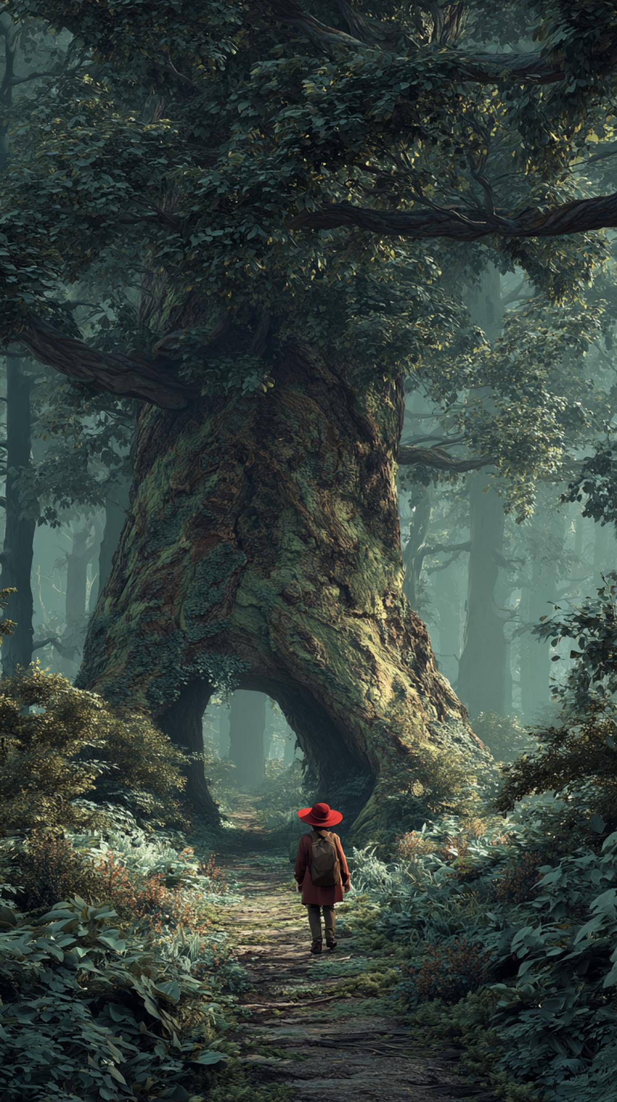 Red hat walks along the path in the forest, the path through the trunk of the tree of big ton